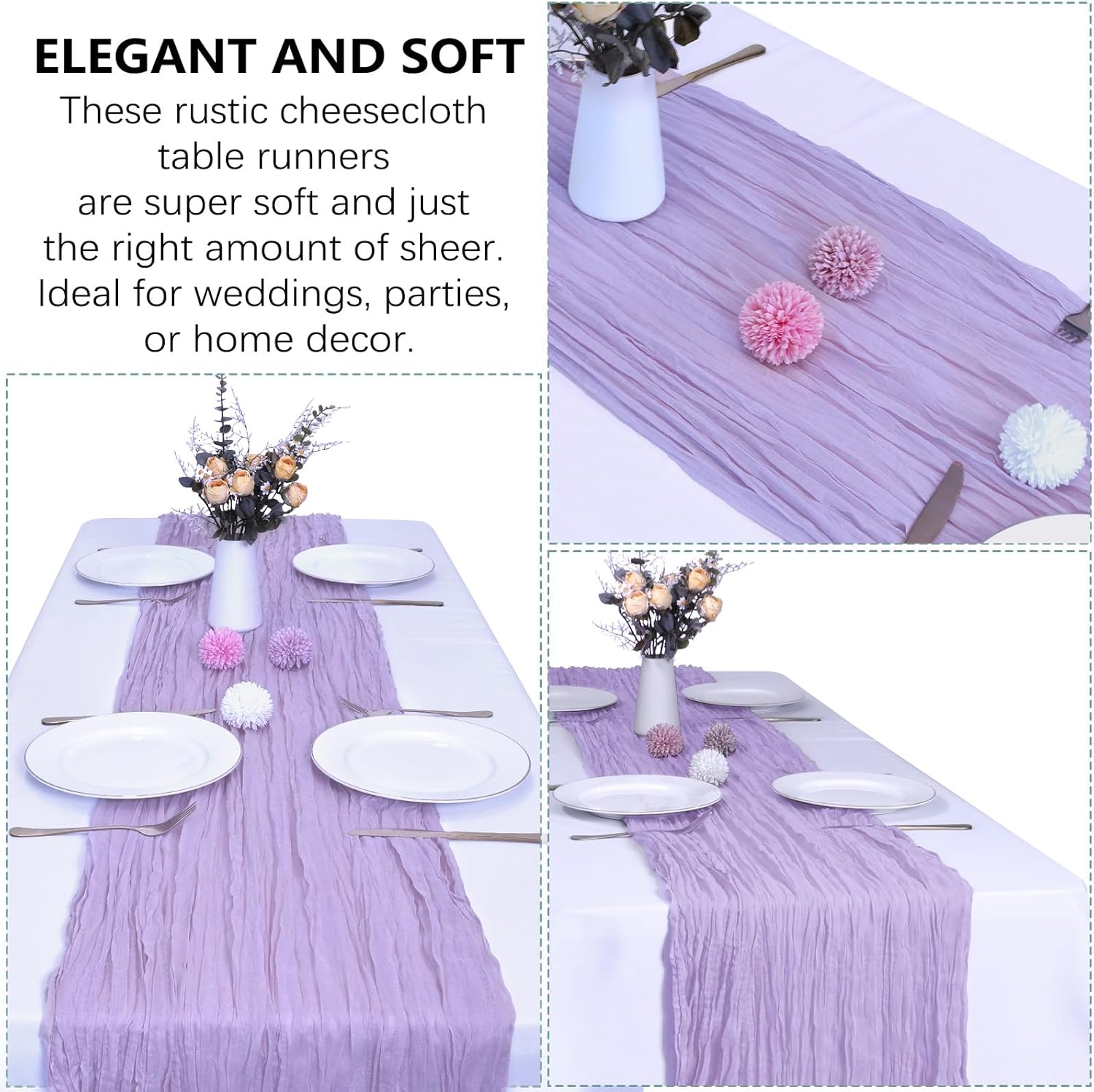 6 Pack Lavender Purple Cheesecloth Table Runner 10FT Boho Gauze Fabric Purple Table Runner 35 x 120 Inch Rustic Sheer for Easter Spring Holiday Wedding Decor Baby Shower Party