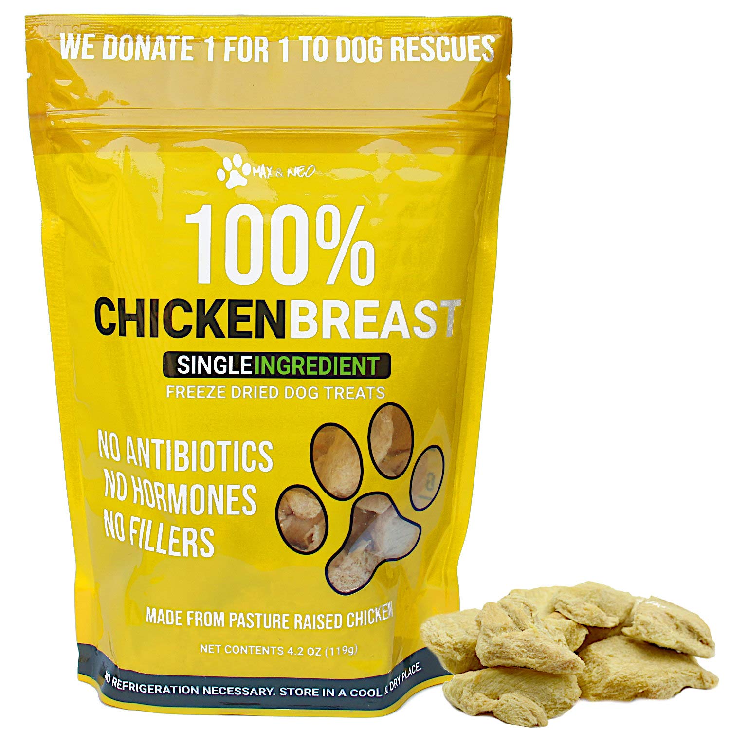 Max and Neo Freeze Dried Chicken Breast Dog Treats - Single Ingredient, Pasture Raised, Antibiotic Free, Human Grade Chicken Grown in The USA - We
