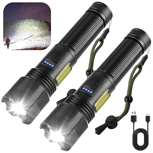 Flashlights High Lumens Rechargeable, 100000 Lumens Super Bright Led Flashlight, 6 Modes with COB Work Light, IPX6 Waterproof, Handheld Powerful Flash light for hu∩ting, Camping, Emerge∩cies