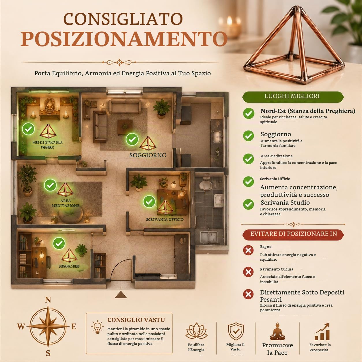 Sculture in ottone ispirate a Prajet Vastu Feng Shui Statua per successo, velocità e prosperità, decorazione per la casa, scrivania e statuetta regalo (piramide di rame)