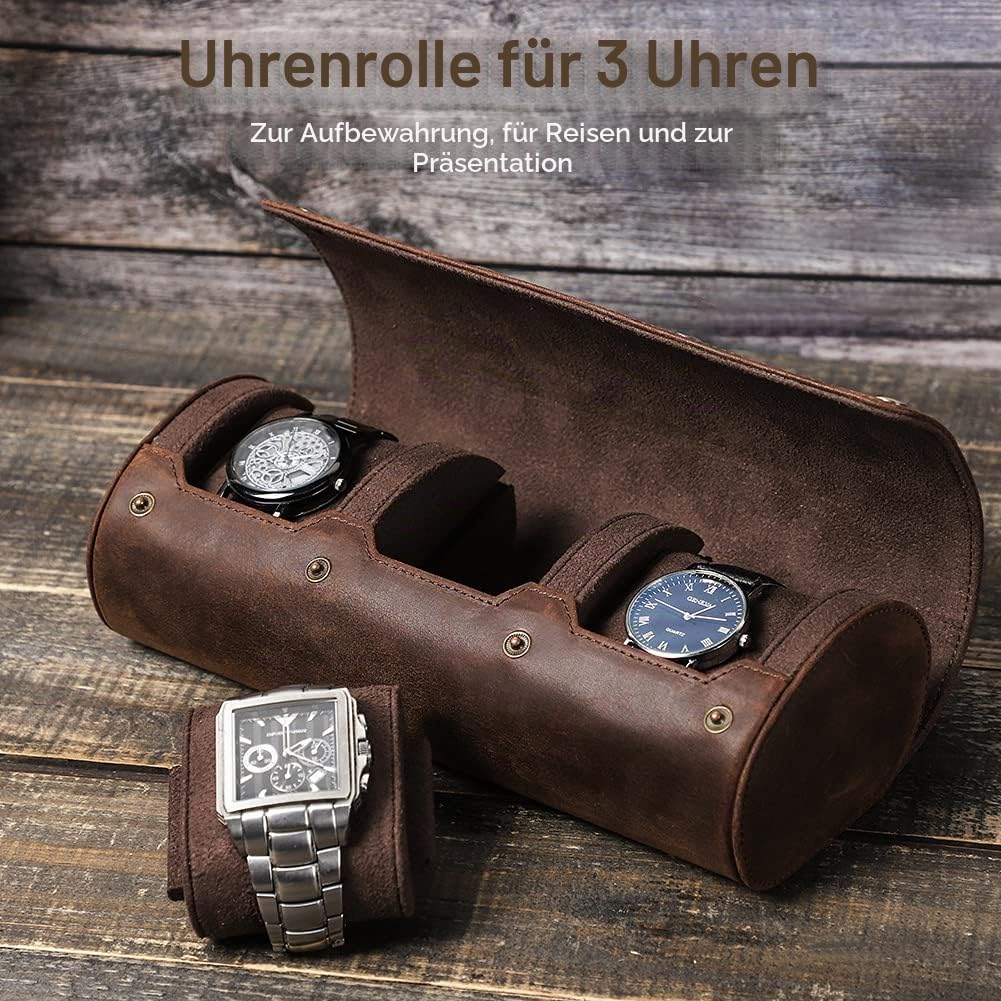 CONTACT'S FAMILY Uhren-Aufbewahrungsbox, Echtes Leder 3 Slot Uhr Schützende Rolle Fall, Uhren-Organizer für Männer und Frauen (3 Slots, Kaffee)