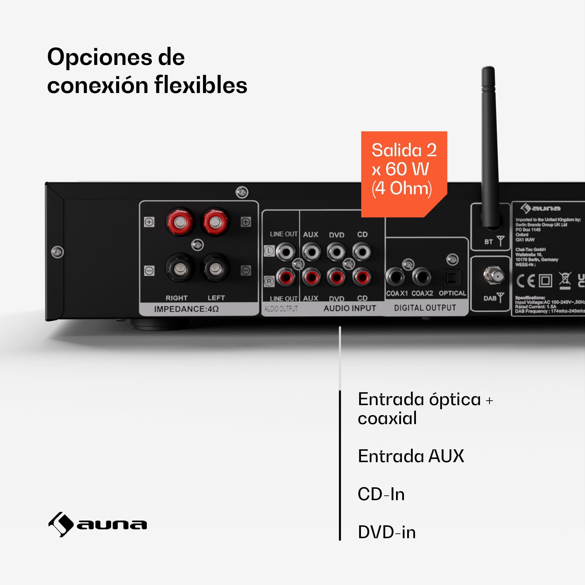 Auna Art22 Amplificador HiFi Bluetooth & Radio Dab+ - 2x60W Sonido Estéreo, Entradas Óptica & Coaxial, Sintonizador FM, Reproducción CD/DVD, Mando a Distancia, Diseño Compacto, Negro