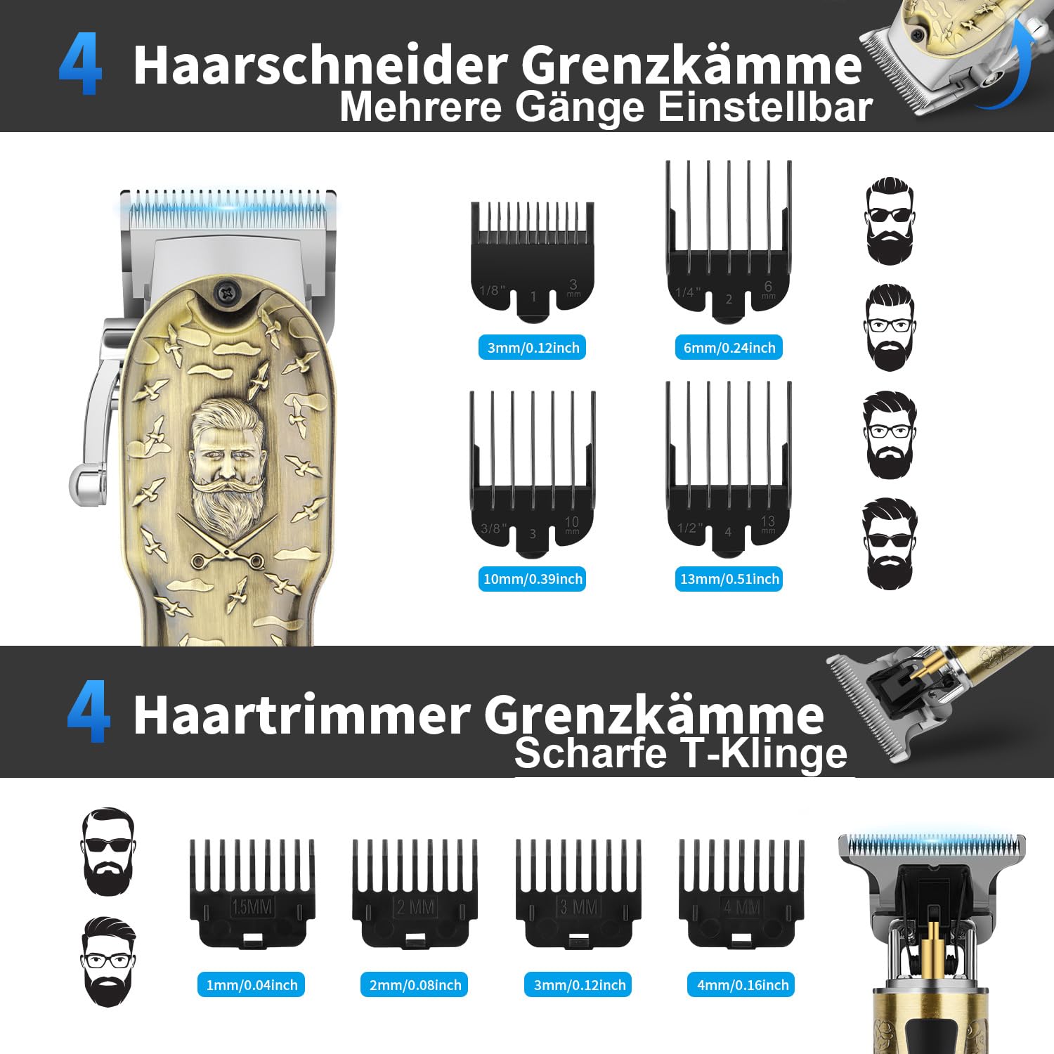 HIENA PRO Profi Haarschneidemaschine für Herren, Schnurloser Haarschneider Bartschneider Folienrasierer Nasentrimmer Set, USB Wiederaufladbares Komplettset Elektrisches Haarschneide-Kit (814 Set)