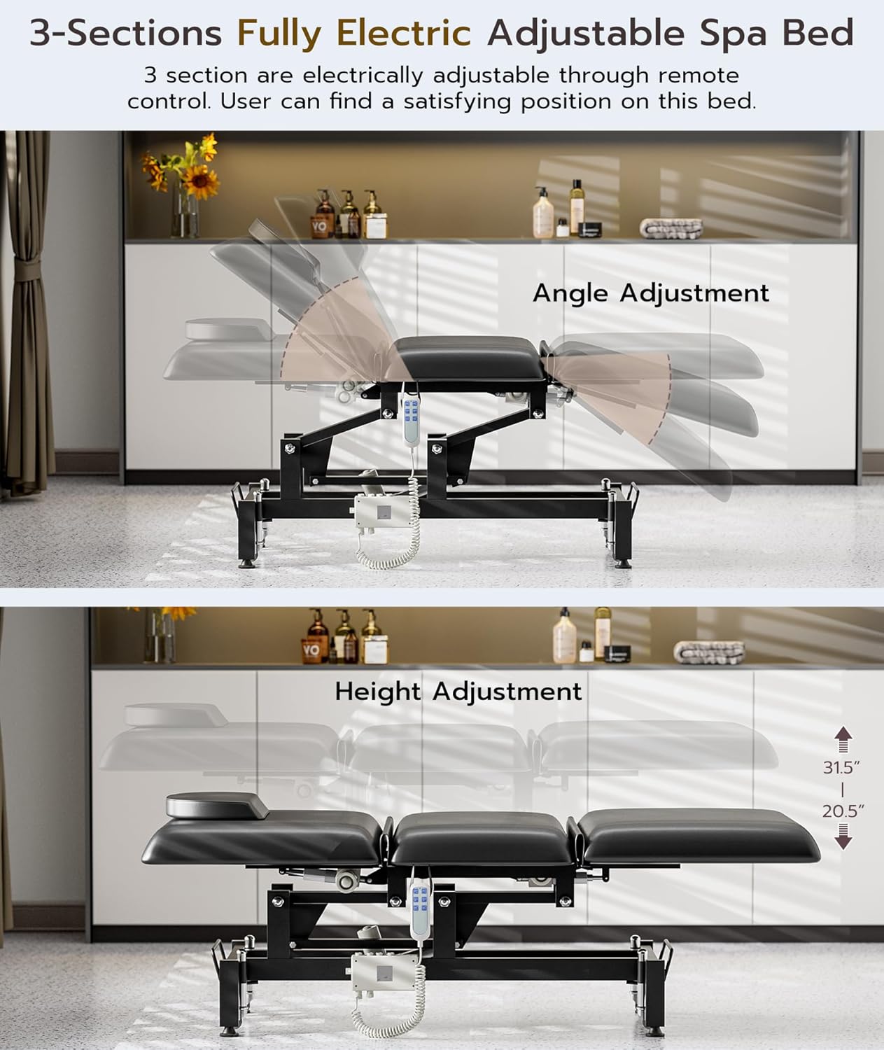 Icoget Fully Electrical Massage Table Bed with Wheels, 3-Section Adjustable Medical Treatment Table for Clients, Esthetician Facial Beauty Physiacl Therapy Bed for Spa, Exam, Black