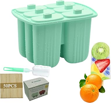 Large Ice Lolly Moulds with Sticks, 6 Pieces Silicone Popsicle Molds, Homemade DIY Ice Pop Maker Reusable Easy Remove Lolly Moulds for Frozen PopsicleGreen