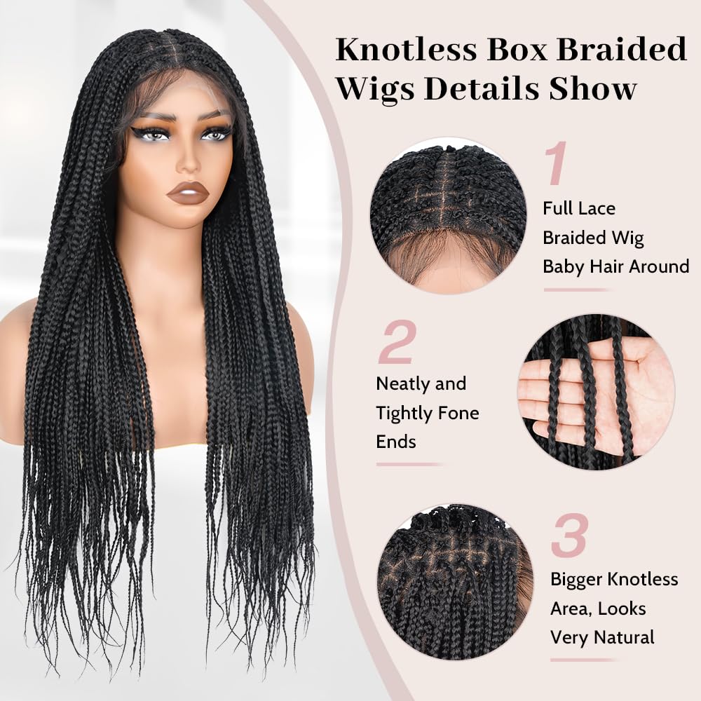 Braided Wig for Black Women Human Hair Blended Glueless Full Double Breathable Lace Front Braids Wig with Baby Hair Lightweight Handmade African American Braided Wigs (#1B, 30 Inch)