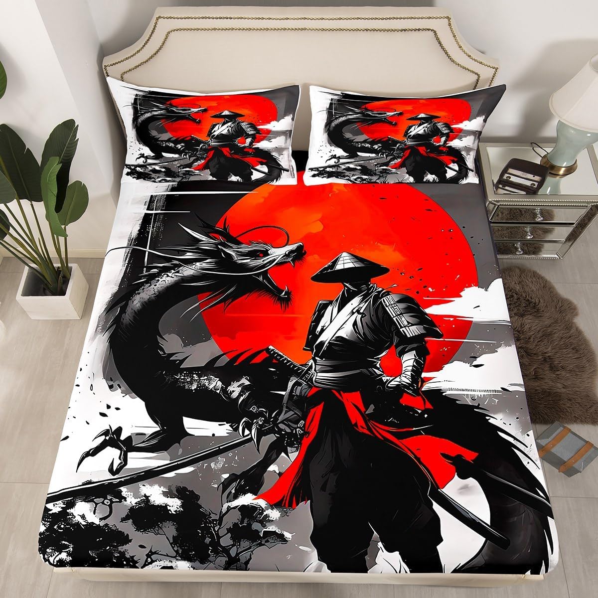 Camo Pike Fish Bed Sheet Set Camouflage American Flag Bass Big Fish Fitted Sheet Fishing and Hunting Bedding Set Fisherman Bedroom Decor Military Bed Cover Queen Size with 2 Pillow Case