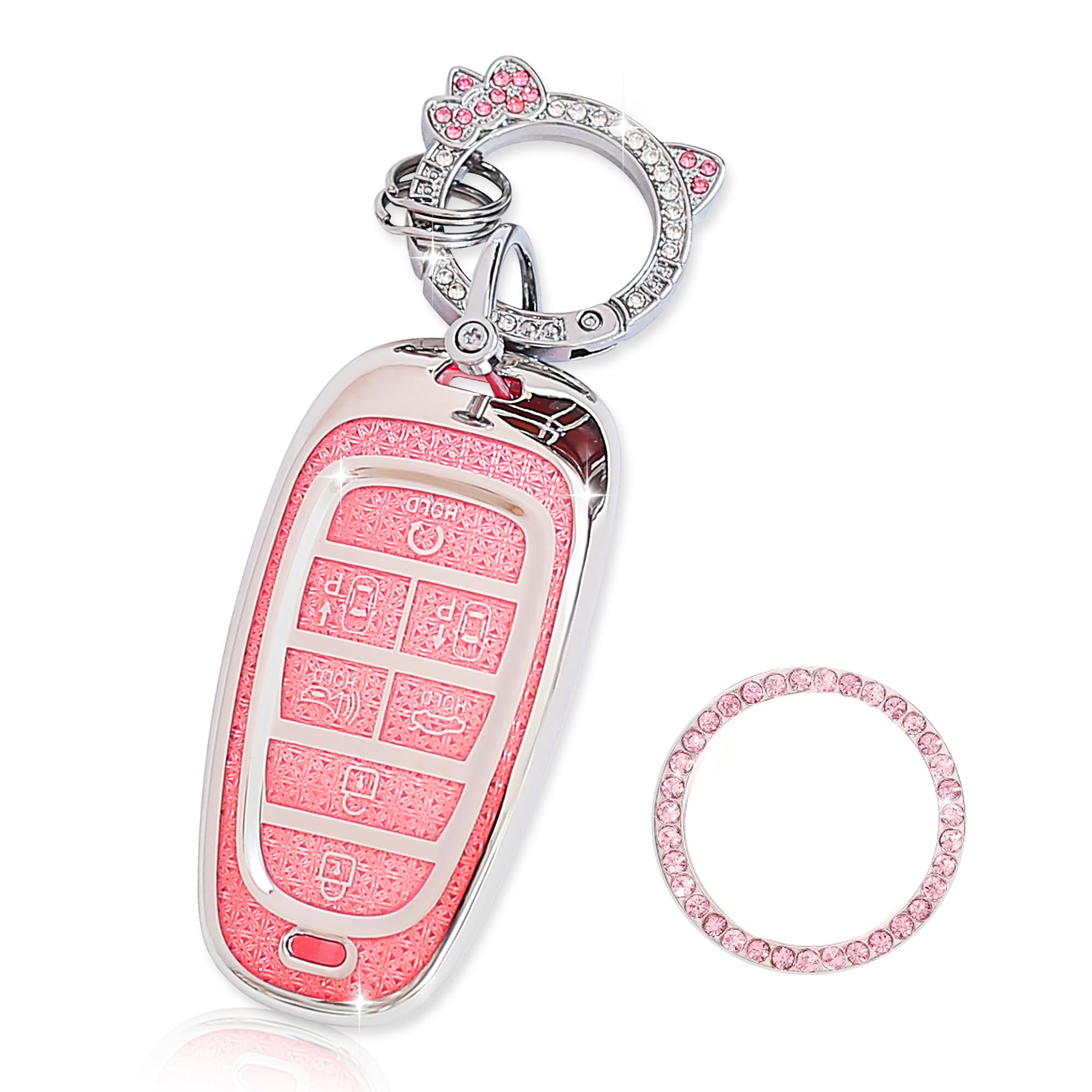 YILINXI Key Fob Cover With Bling Cute Cat Clip Keychain& Push To Start Button Ring, Car Key Shell Compatible With Hyundai Elantra Ioniq Sonata Tucson - View #2