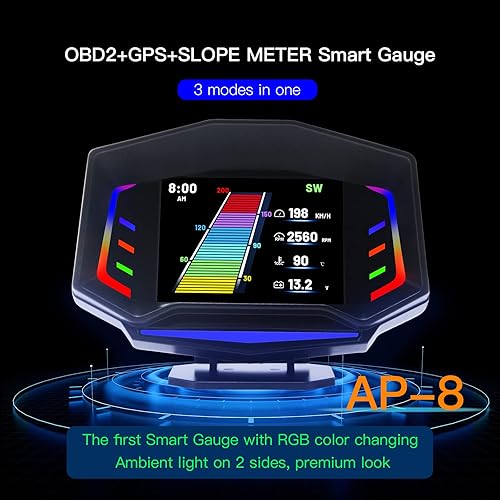 Miniatura 3 de Pantalla frontal para coche, sistema dual universal OBD2, modo GPS, medidor de pendiente HUD, indicador inteligente con luz ambiental RGB,