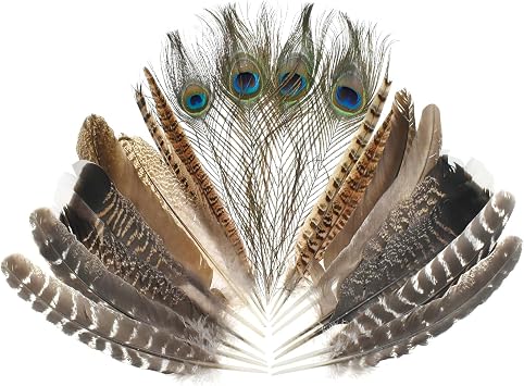 MARRTEUM 5 Style 10-12 Inch Natural Feathers, 20 Pcs Large Assorted Mixed Spotted Pheasant Peacock Turkey Feathers Decorative Bulk for DIY Crafts, Vase, Hat, Clothing, Wedding, Home, Party Decoration