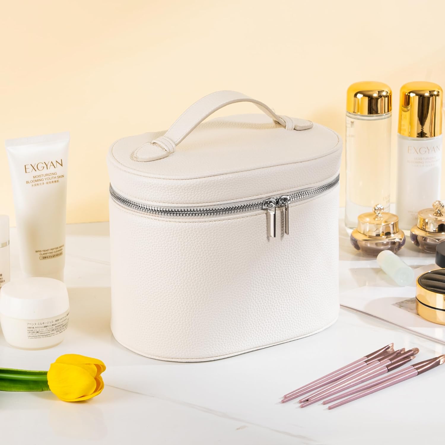 Makeup Bag Vanity Case Cosmetic Bag with Removable Divider Travel Toiletry Bag for Women Portable Make up Box Organizer, White - Image 7