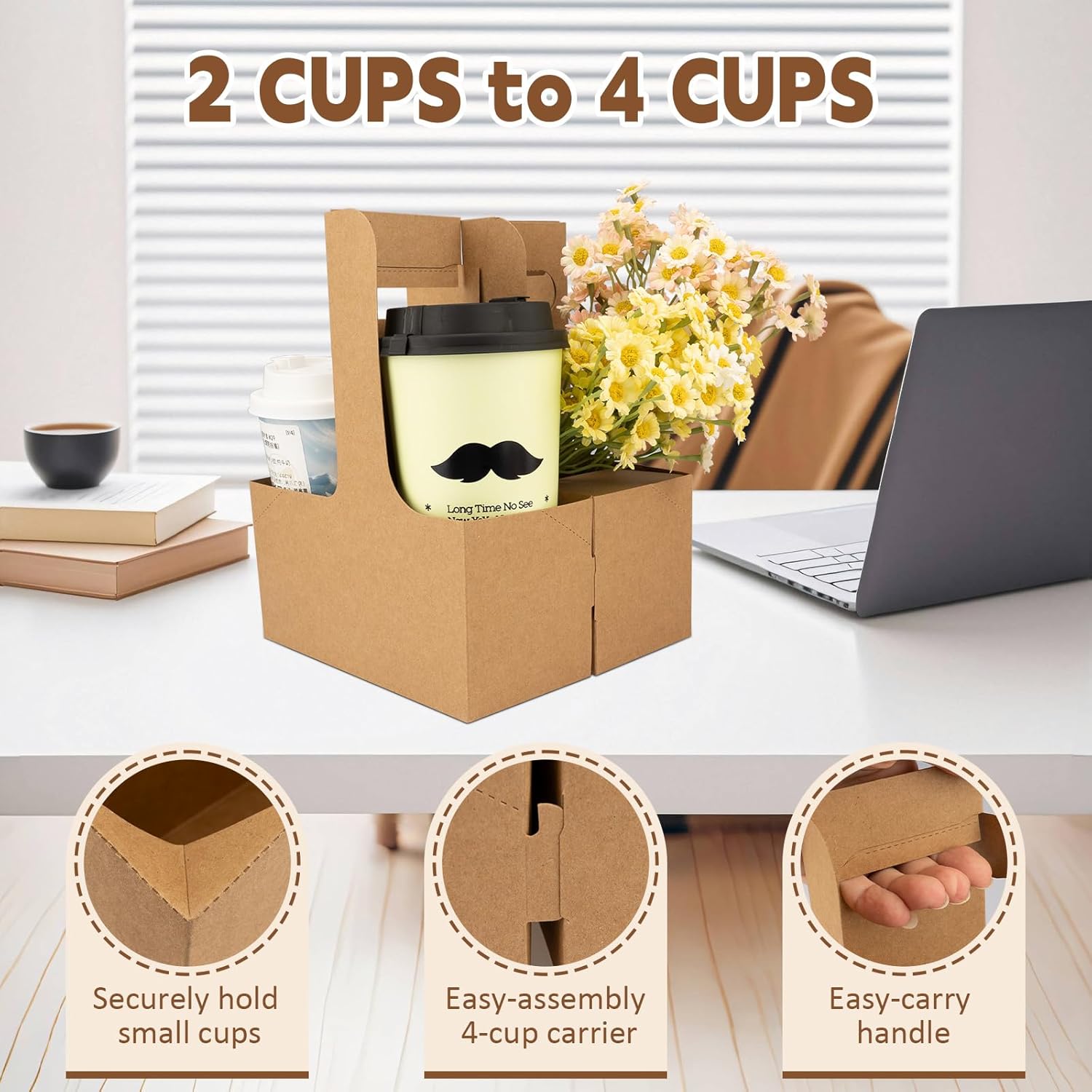 2 Cup Drink Carrier with Handle,Pack of 20 Kraft Paperboard Take Out Cup Carriers,Portable Foldable Cup Carrier for Hot or Cold Drinks,Coffee Carrier, Food Delivery (Brown)