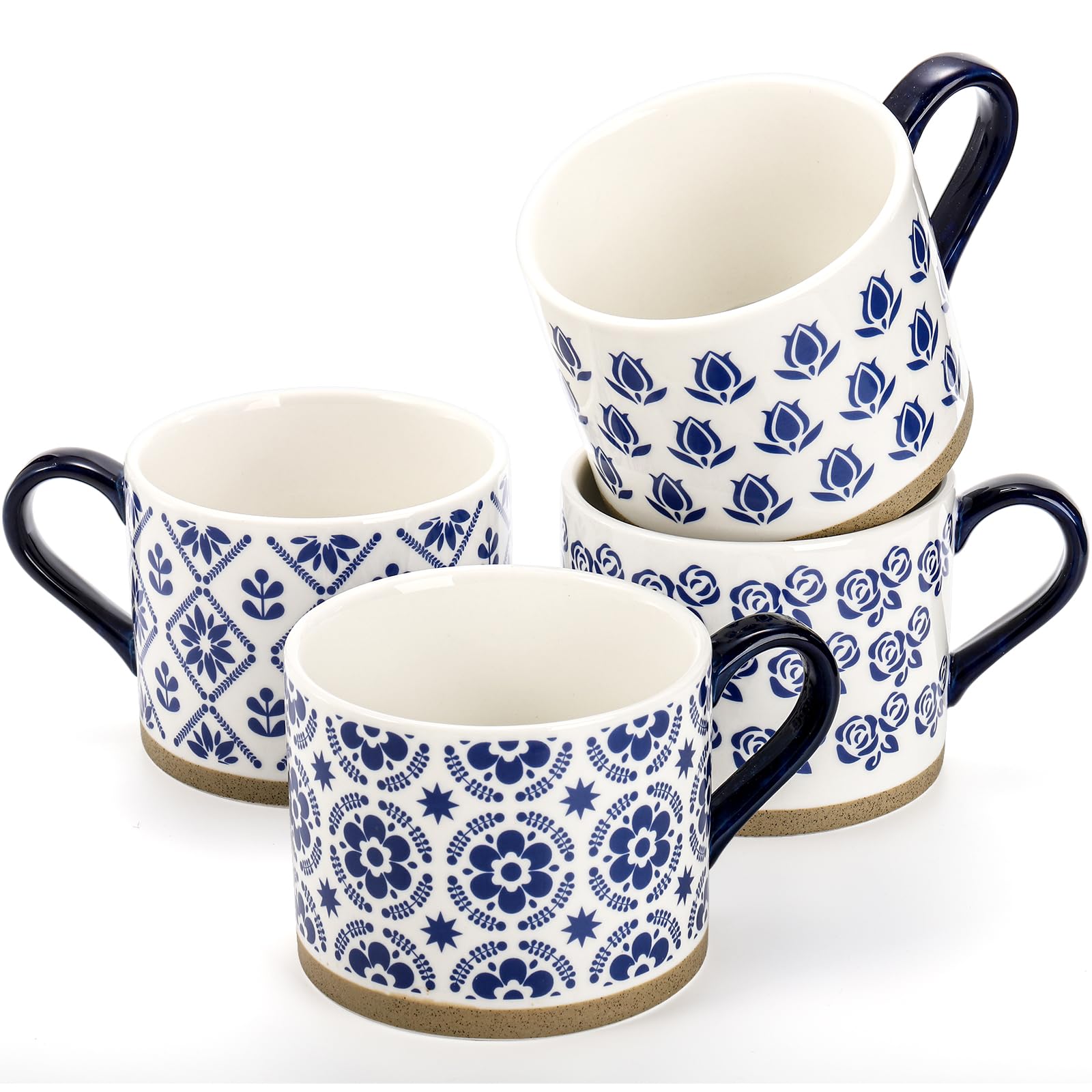Coloch 4 Pack Ceramic Coffee Mugs with Handle, 14Oz Blue Coffee Cups Hand-printed Milk Mugs Ceramic Tea Cup for Water, Cappuccino, Cocoa, Home, Cafe, Milk, Gift, Dishwasher and Microwave Safe