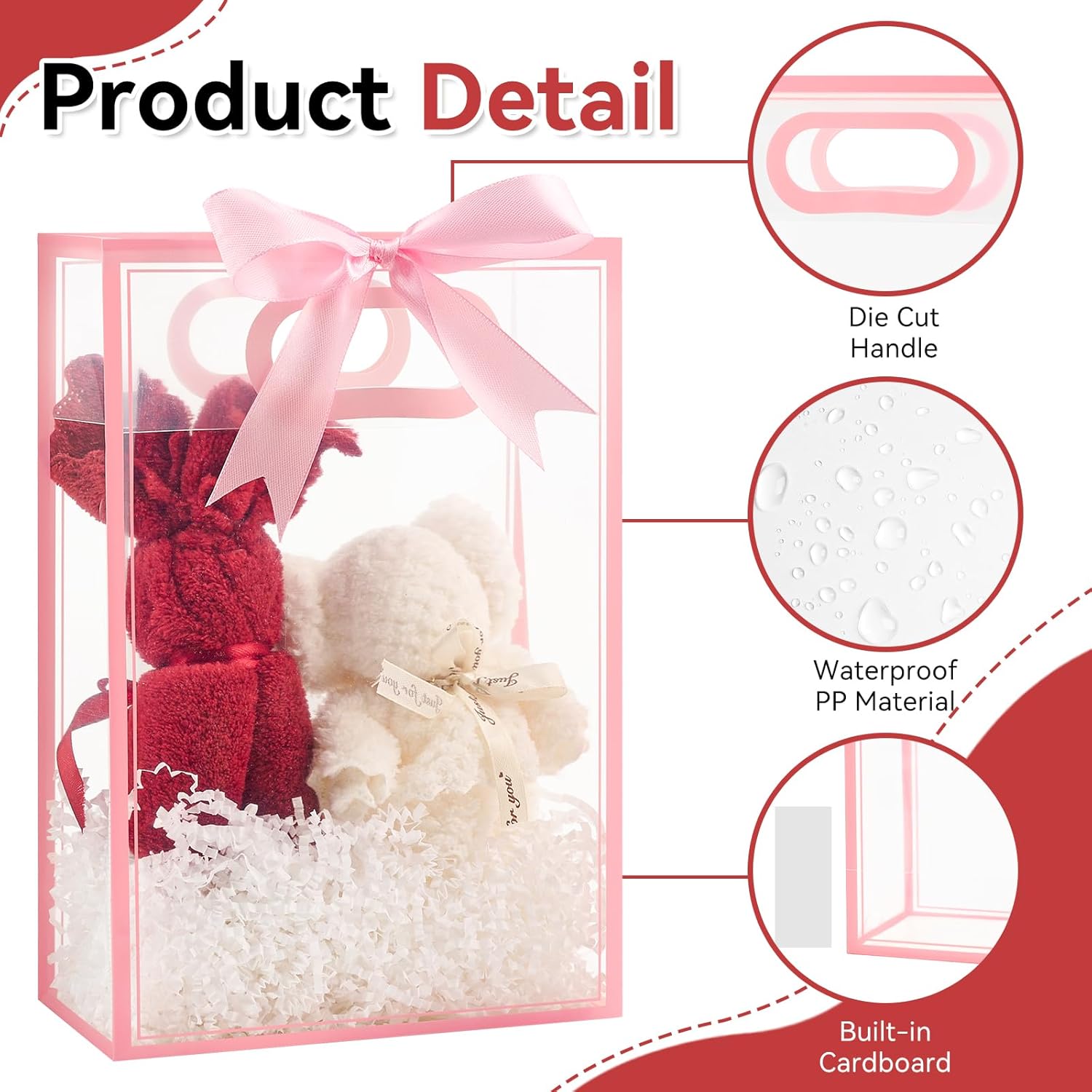 Ohuimrt 12 Pack Clear Plastic Gift Bags with Handles, Reusable Party Favor Bags with Ribbon for Birthday, Wedding, Bachelorette Party, 10.2 x 7.1 x 3.1 Inch (Pink) - Image 3