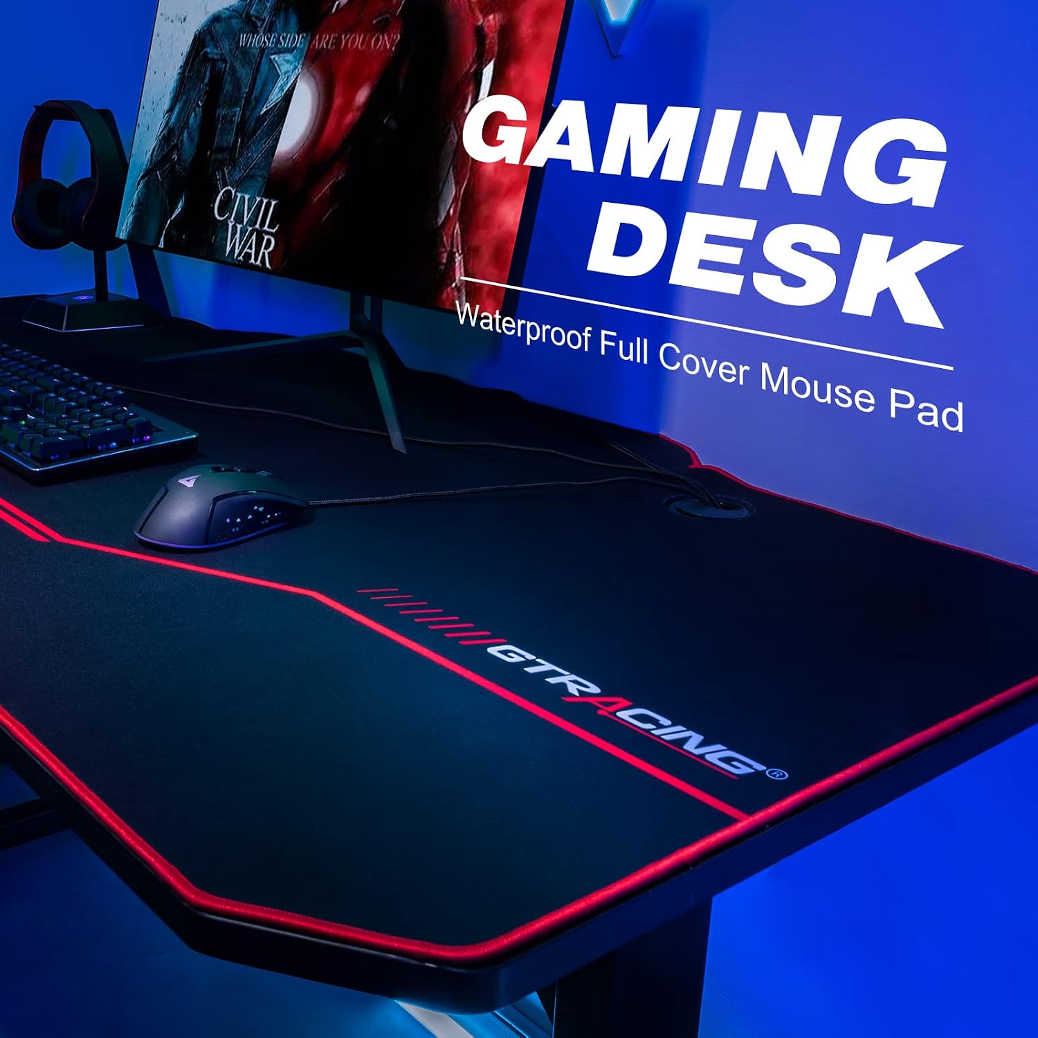 GTRACING Gaming Desk,55 Inch Gaming Table with Detachable Mouse Pad Surface,Professional T-Shaped Carbon Fiber Surface Gaming Table with Headphone Hook and Cable Manage Holes T02(Black)