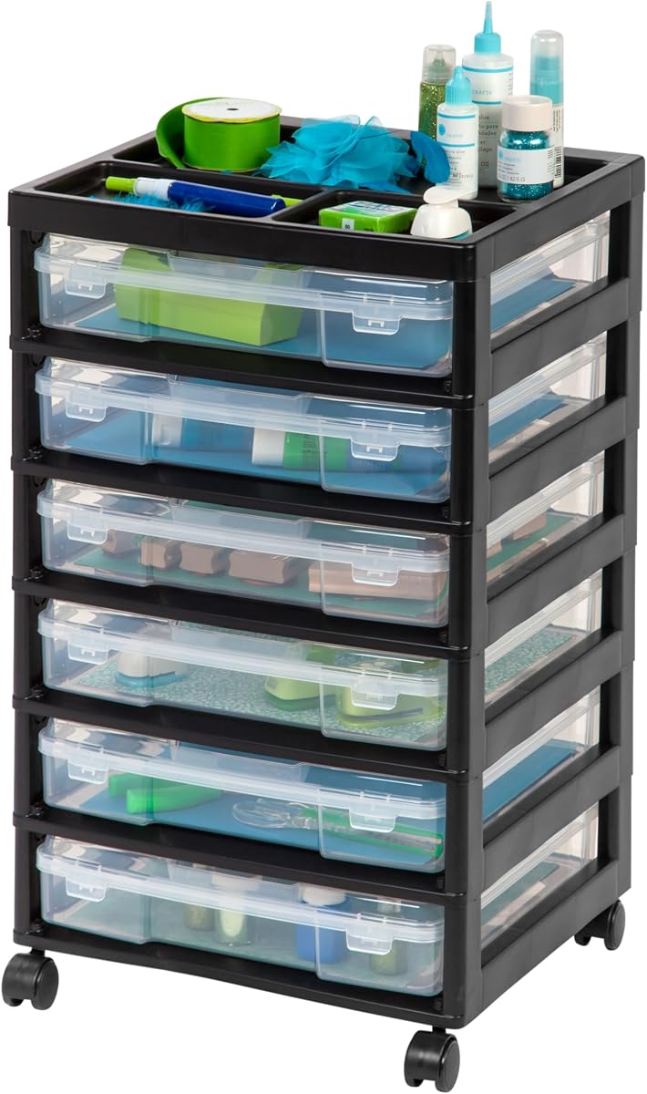 Rolling Cart with Drawers |Made in USA| 6-Tier Cases - Black/Clear | Fits 12"x12" Paper, Built-In Handles, Storage Unit with Supply Top for Craft, Art, Office Supplies, Pens & Pencils