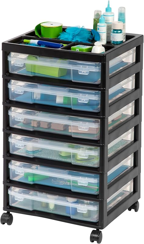 Rolling Cart with Drawers |Made in USA| 6-Tier Cases - Black/Clear | Fits 12"x12" Paper, Built-In Handles, Storage Unit with Supply Top for Craft, Art, Office Supplies, Pens & Pencils