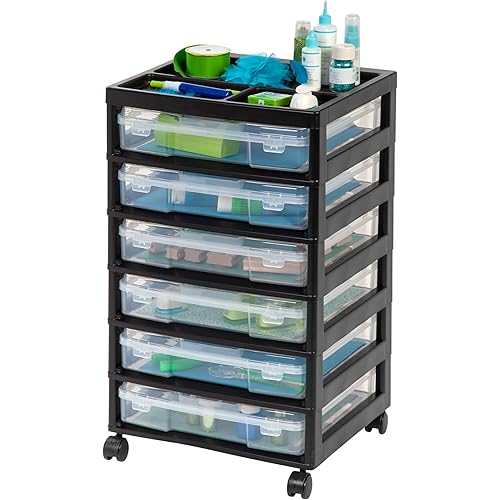 IRIS USA Fits 12" x 12" Paper, 6-Tier Scrapbook Rolling Storage Cart with Organizer for Stationery Vinyl Tools Office Art and Craft Supplies, Yarn, 6 Clear Cases w/ Built in Handle - Black/Clear