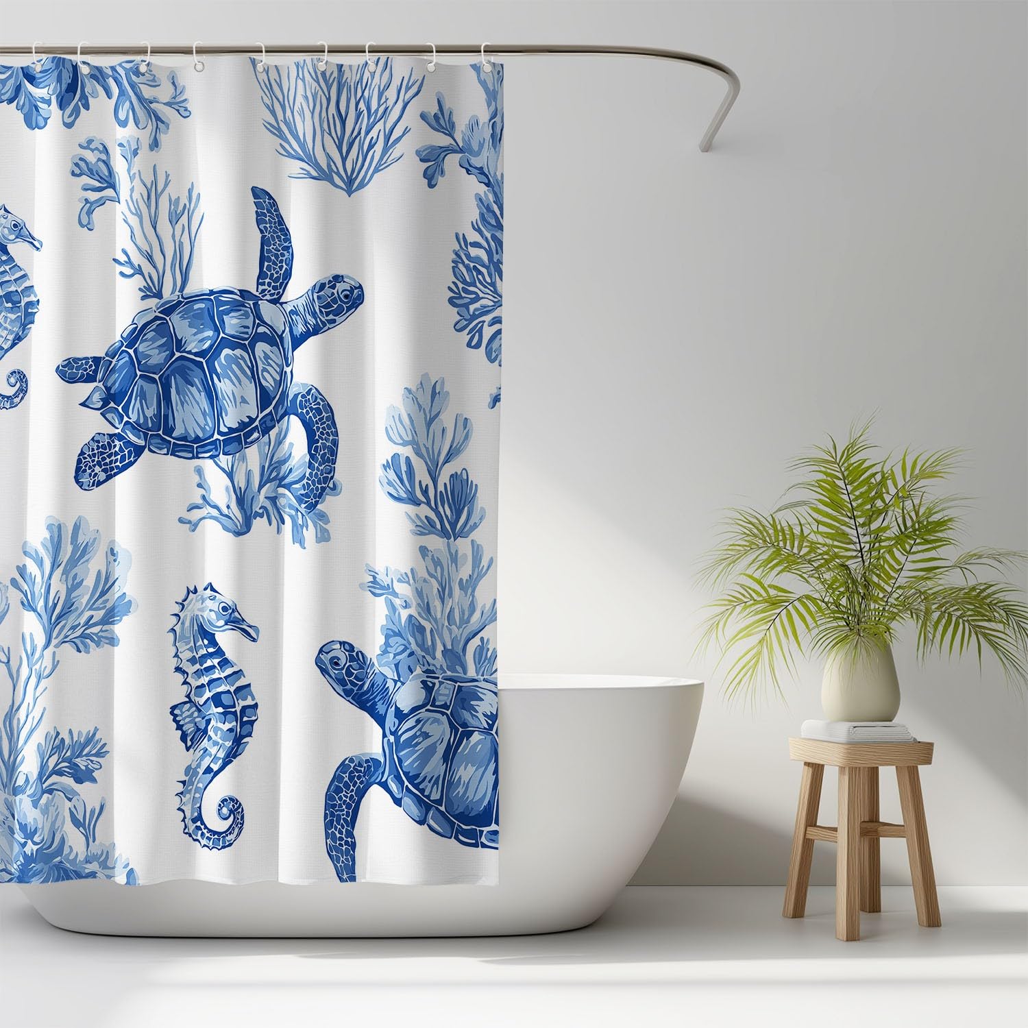 Generico Fantasia Tenda Da Doccia Calmo Mondo sottomarino Blu Bianco, Tenda Da Doccia Per Bagno, Vasca Da Bagno, Tenda In Poliestere Impermeabile Con Ganci In Plastica, 180 x 180 cm