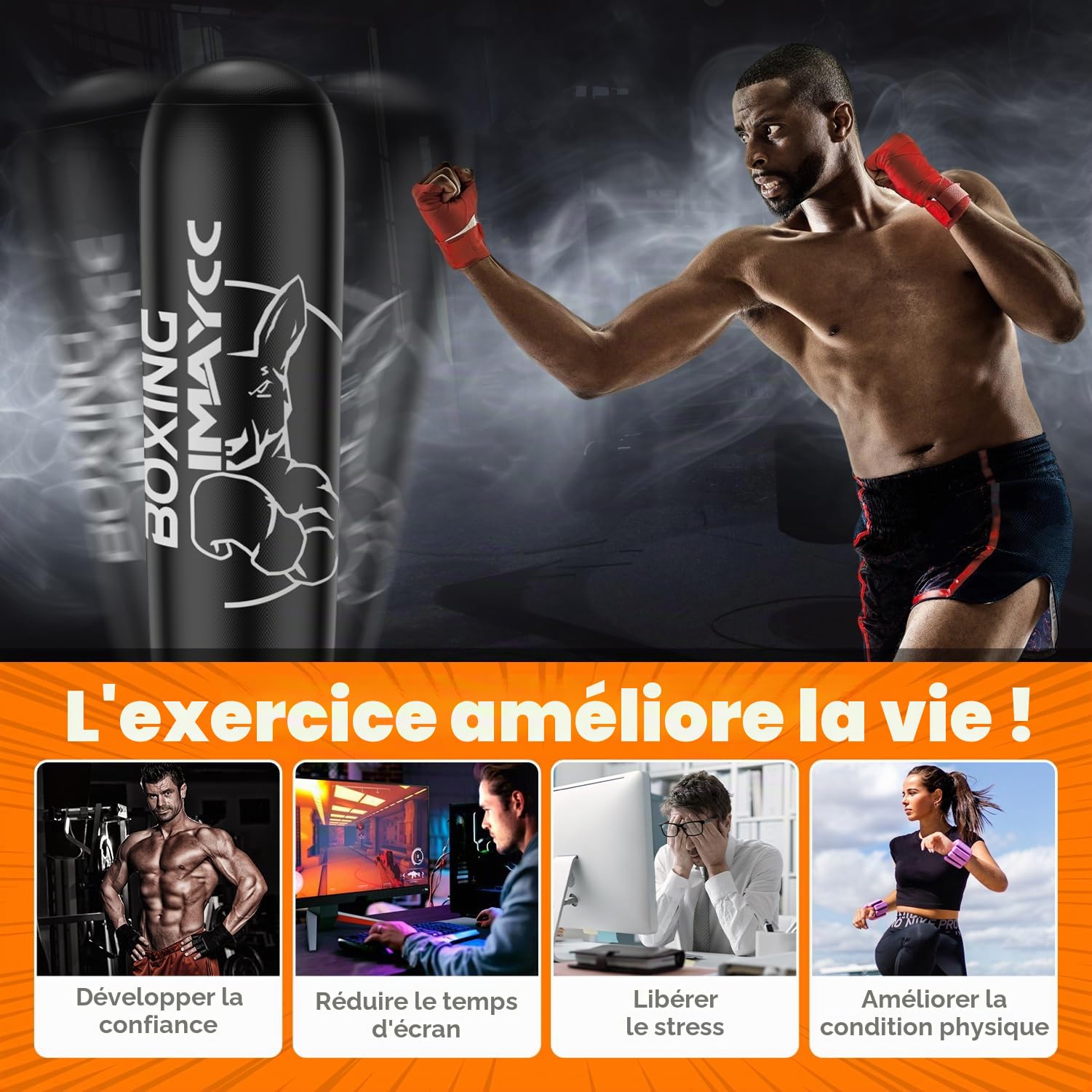 Sac de frappe debout pour adultes et adolescents, amélioré, 180 cm, en PVC, sac de frappe pour débutants (hommes et femmes), sac de punching pour sac de kickboxing pour Muay Thai, MMA, entraînement de