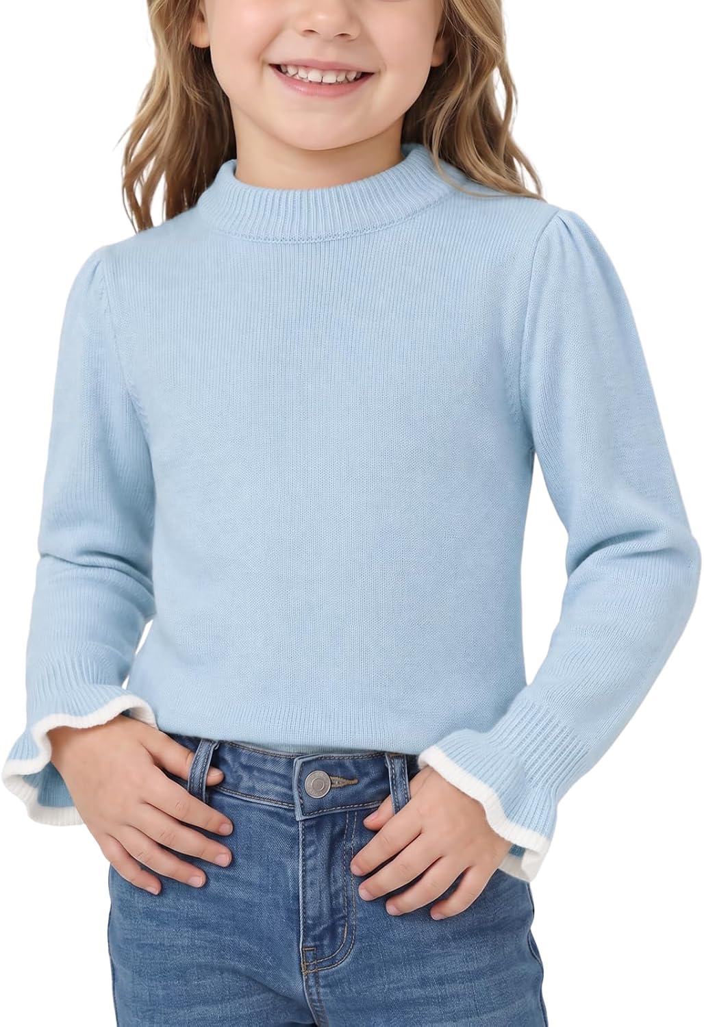 Haloumoning Toddler Baby Girls Sweater Little Kids Fall Crewneck Ruffle Cuffs Knit Sweaters 9M-8Y