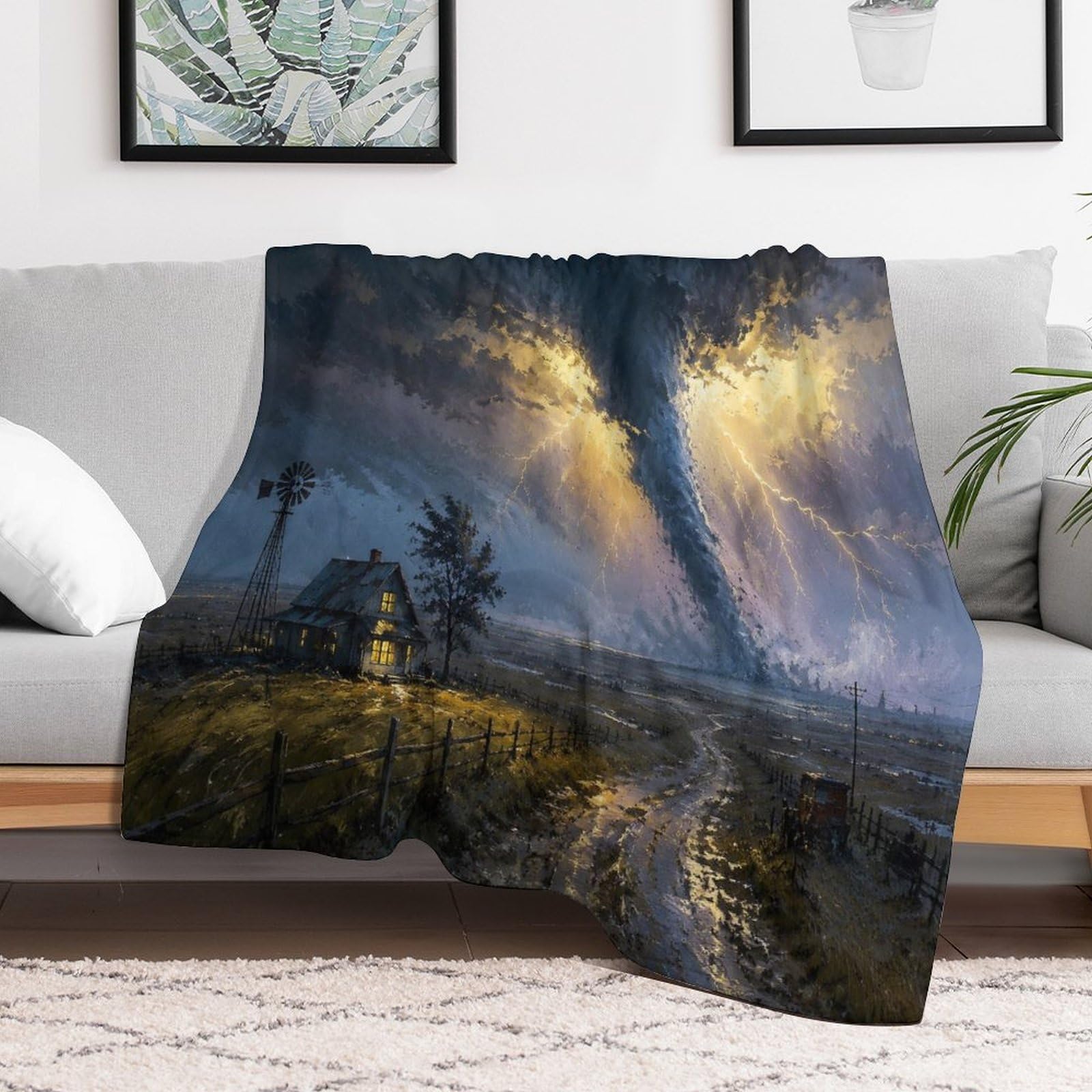 Dramatic Tornado Cabin Landscape Painting Kuscheldecke für Zuhause