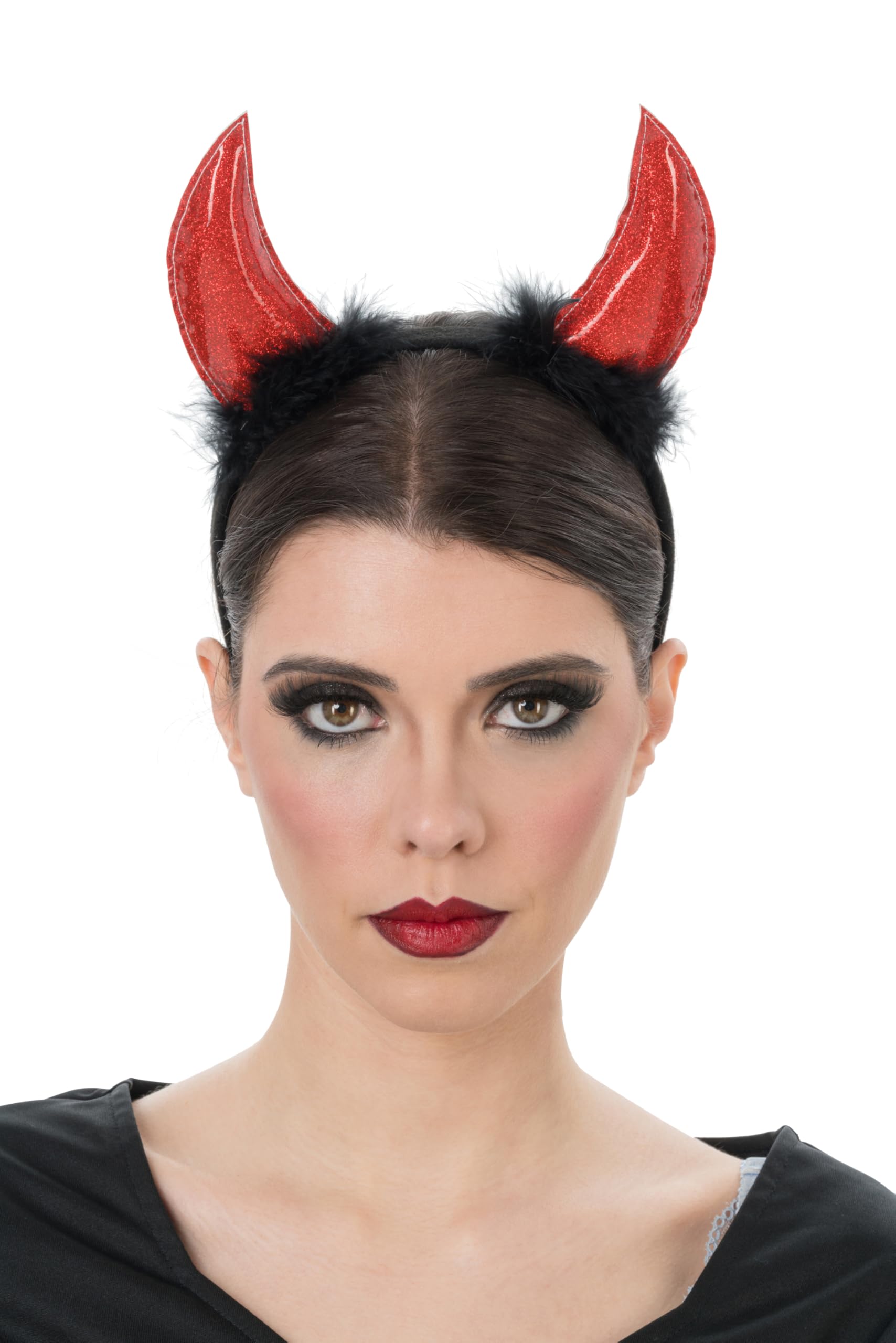 Chaks - Headband Devil Horns, Red Glittery with Fleece, Demon Costume Accessories for Halloween Carnival and Party - Image 2