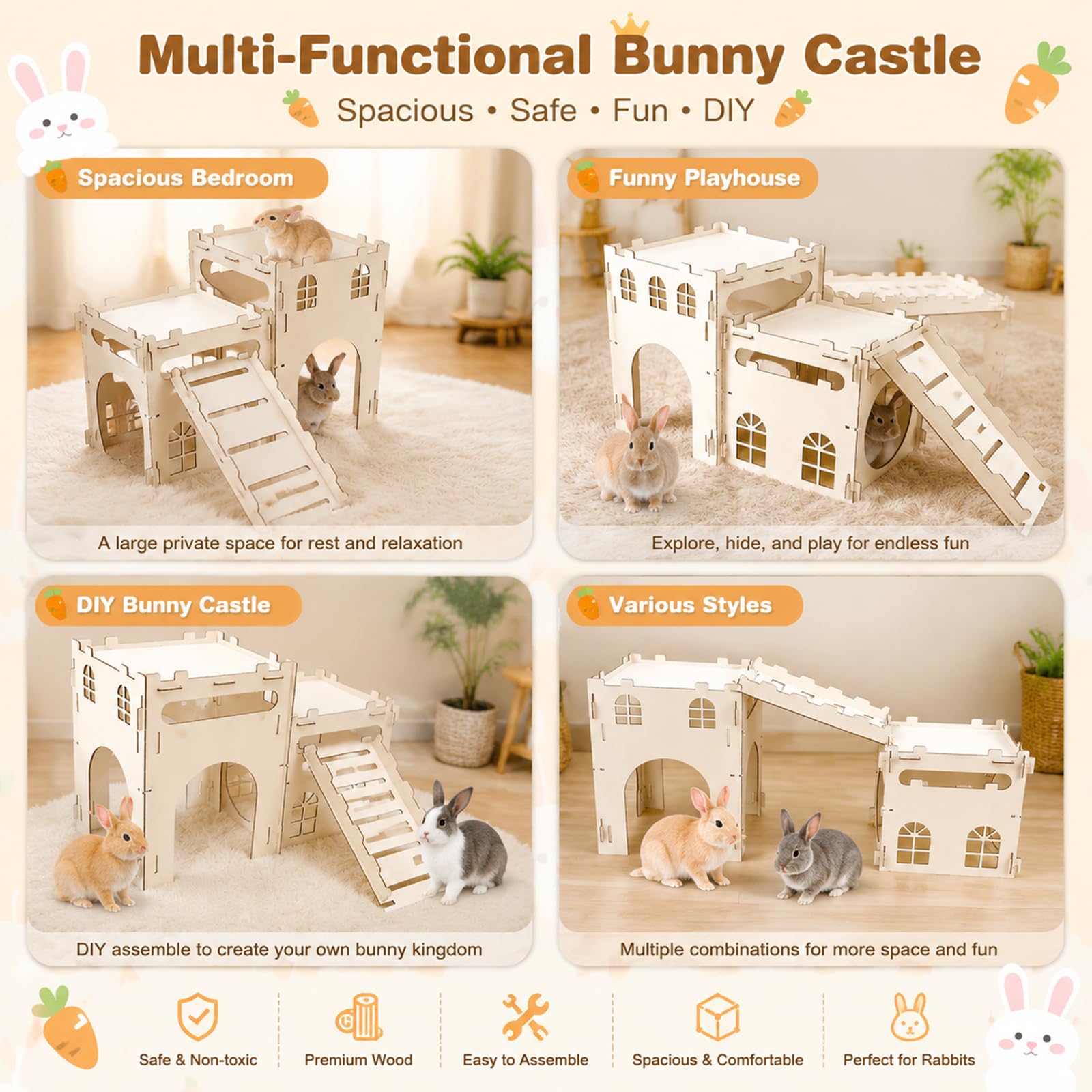 Rypet Großes Kaninchenschloss aus Holz, stabiles Hasenschloss mit Treppe, abnehmbares Kaninchenversteck atmungsaktiv, Kleintier-Spielhaus für Kaninchen, Hamster, Meerschweinchen, Chinchilla, Frettchen