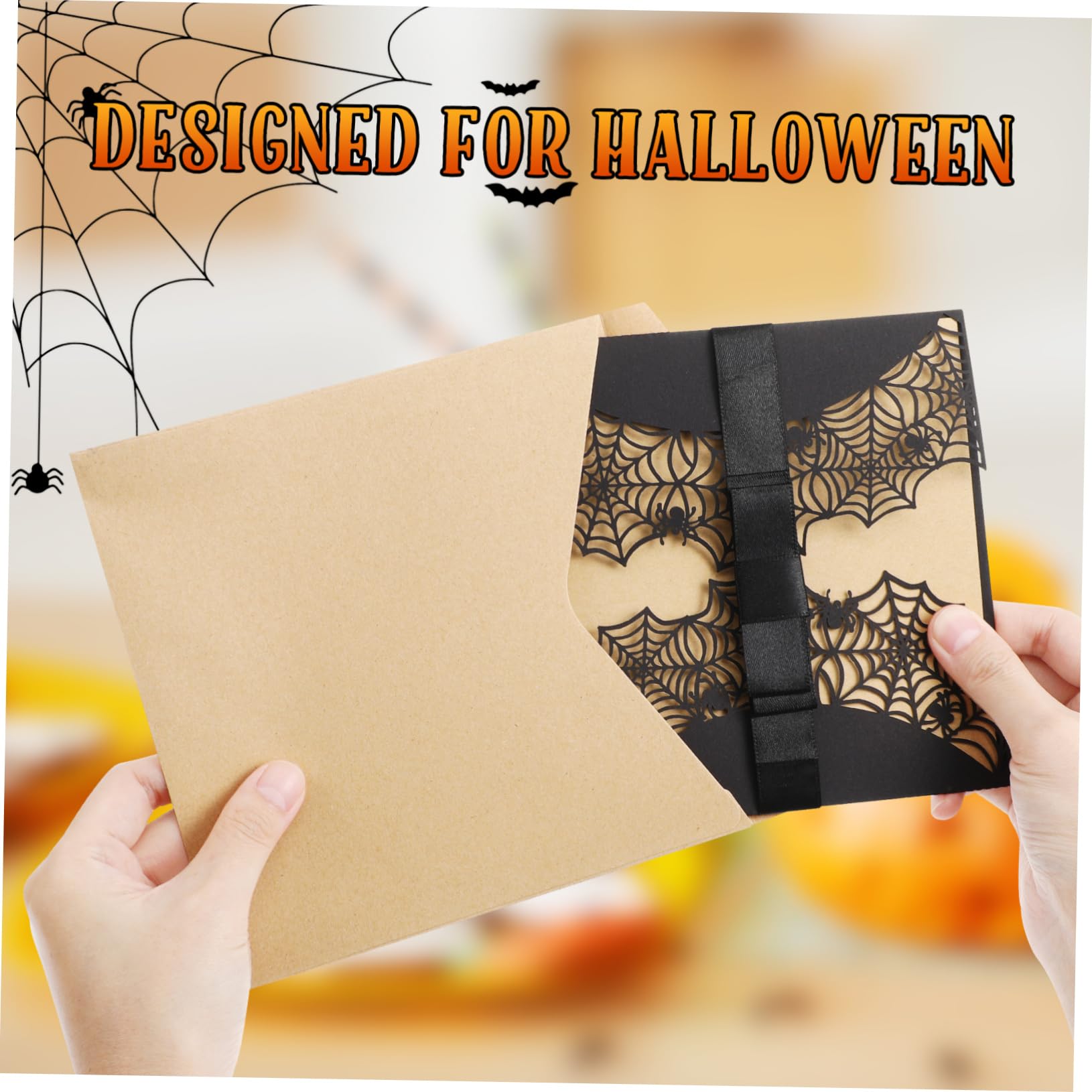 5er-set Einladungskarten Mit Muster Und Schleife Schwarze Papierumschläge Für Halloween-treffen 10 Stück * 5