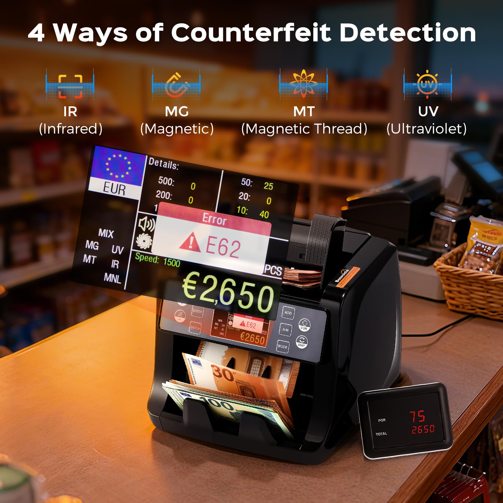 Bonvoisin Conta Banconote, Conteggio del Valore per Banconote Miste in Euro con Rilevamento di Contraffazione UV/MG/IR/MT, 1500 Pezzi/min, Macchina Conta Soldi Professionale con TFT e Display Esterno