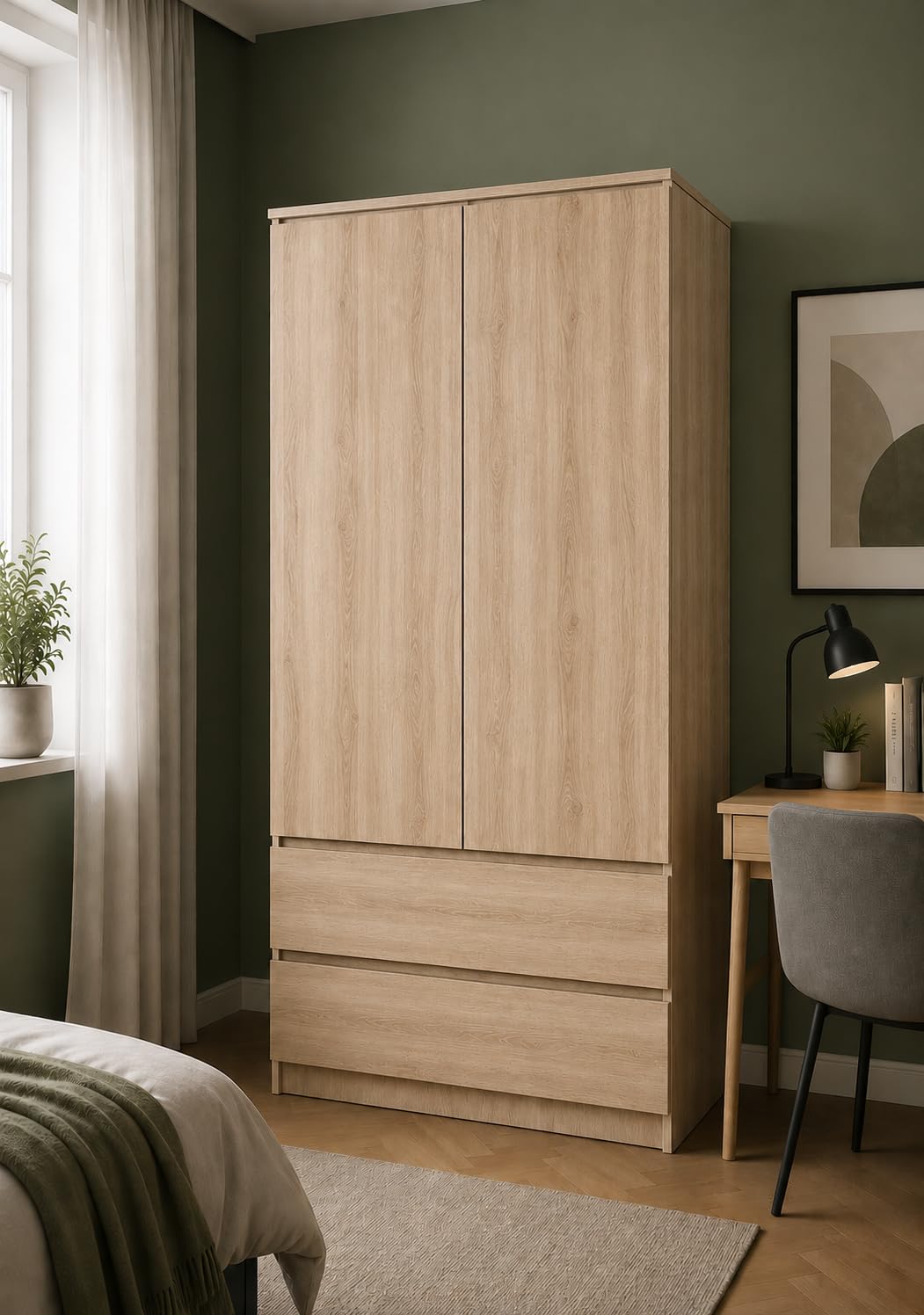 Gran armario con 2 puertas, 2 cajones, 4 estantes y perchero - Armario multiusos - 180 x 90 x 50,5 cm - Sonoma