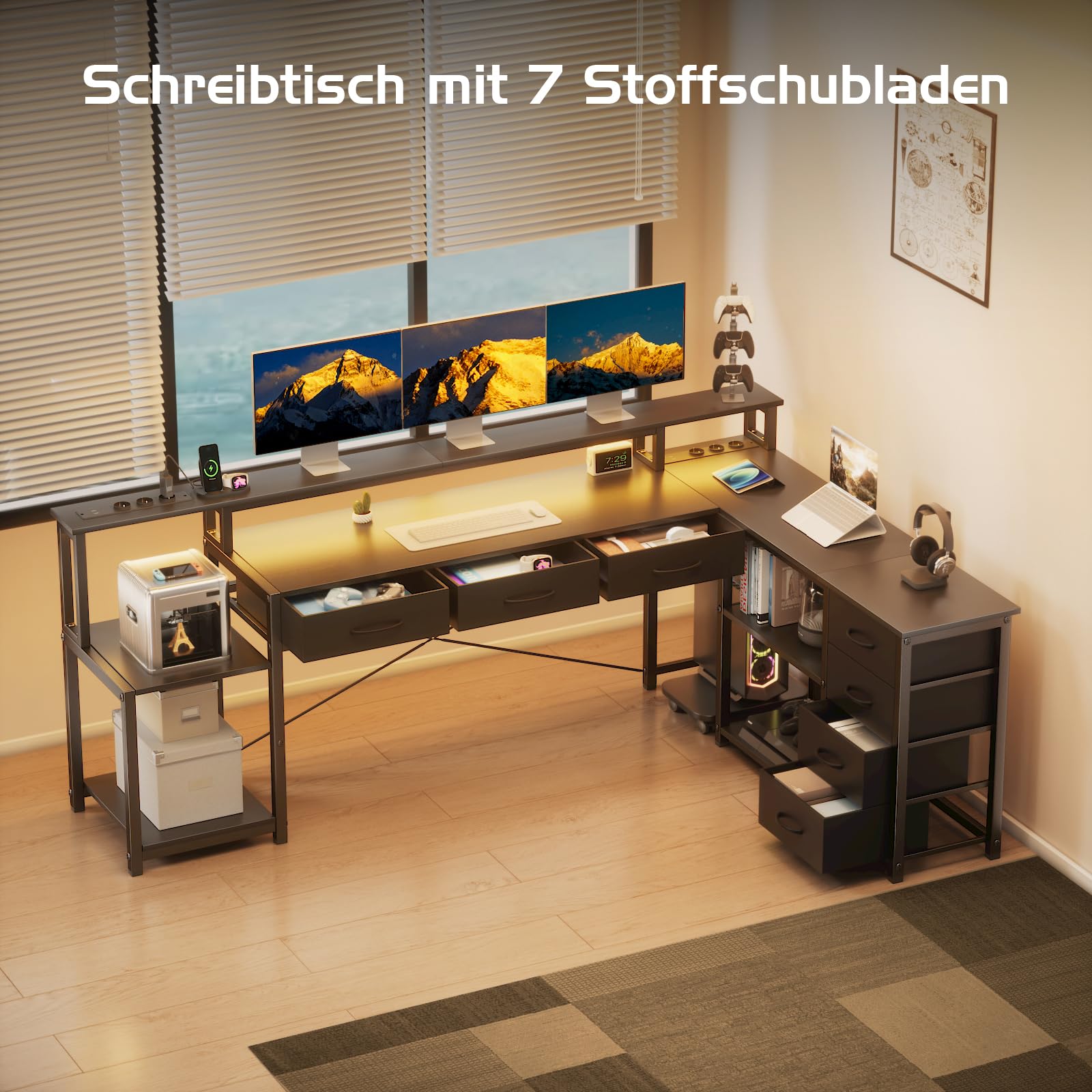 Schreibtisch L Form mit Schubladen, Gaming Tisch mit Steckdose, LED & Monitorständer, 200 x 146cm, 7 Stoffschubladen, Computertisch für Büro Arbeitszimmer Schlafzimmer (Schwarz)