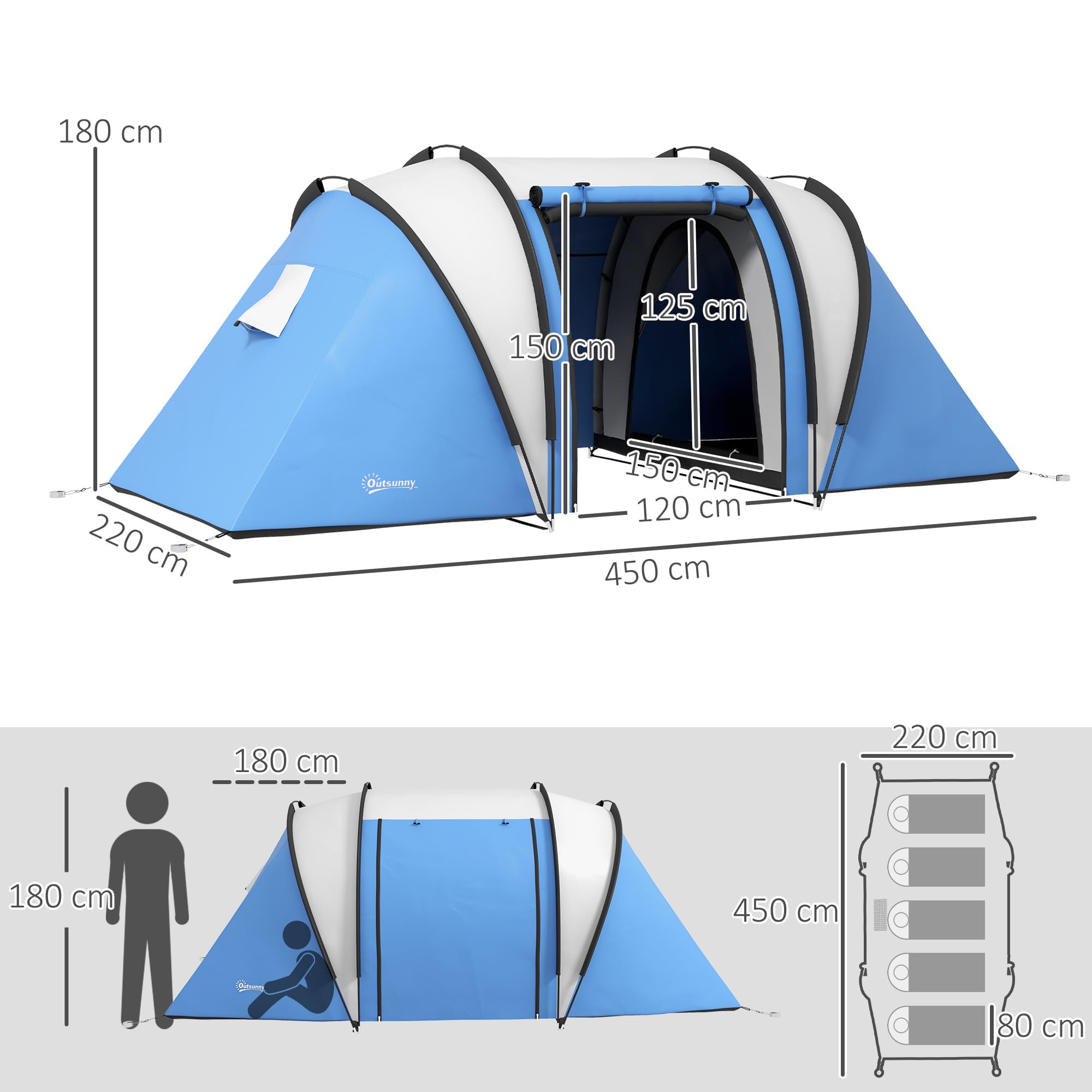 Outsunny Tienda de Campaña Familiar para 4-5 Personas Tienda de Acampada de Túnel Impermeable 3000 mm con 2 Dormitorios Bolsa de Transporte y Gancho para Pescar Senderismo