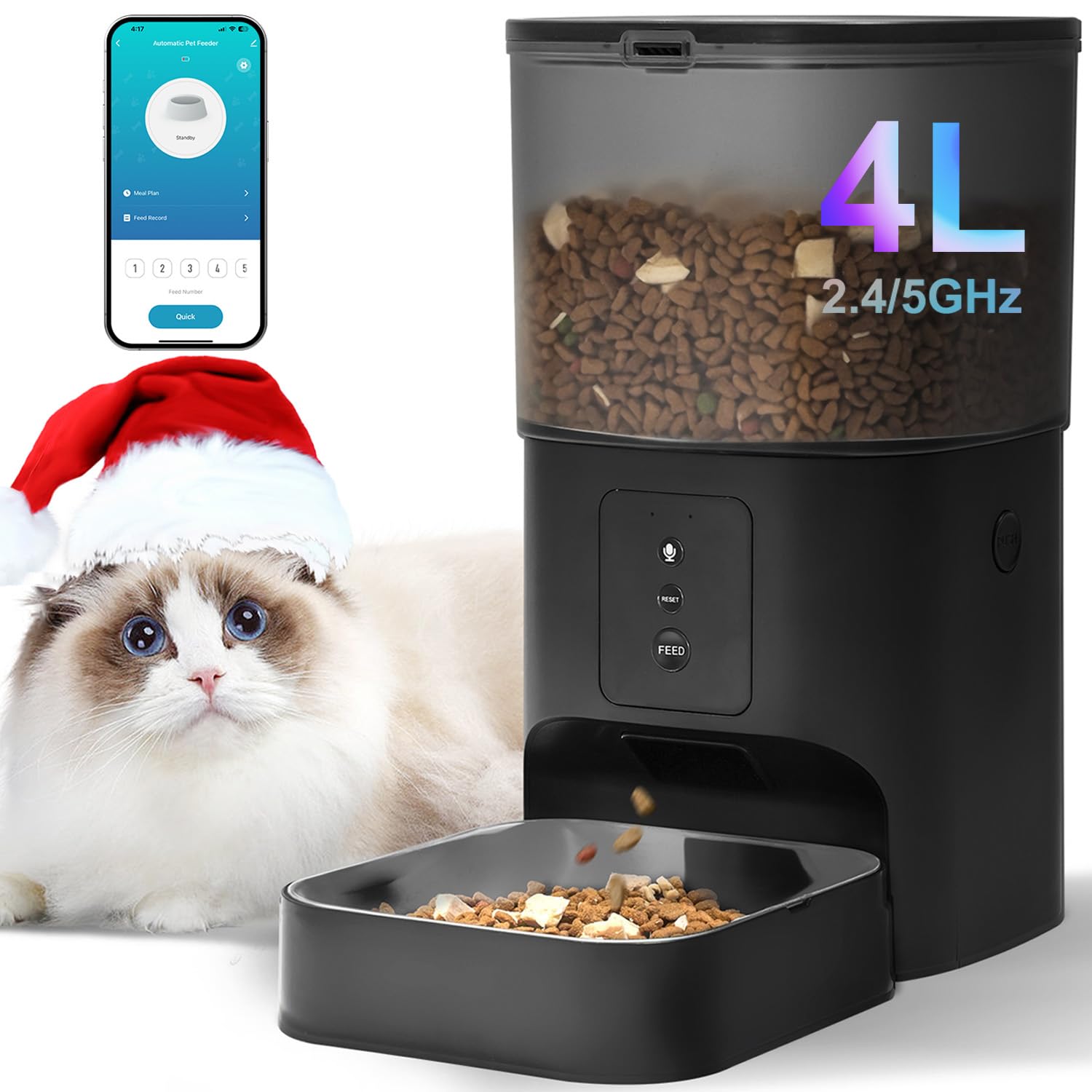Comedero automático para gatos, dispensador de alimentos para gatos de 4 litros con grabadora de voz de 10 segundos, comedero para mascotas de hasta 8 comidas por día, comedero para perros con anillo