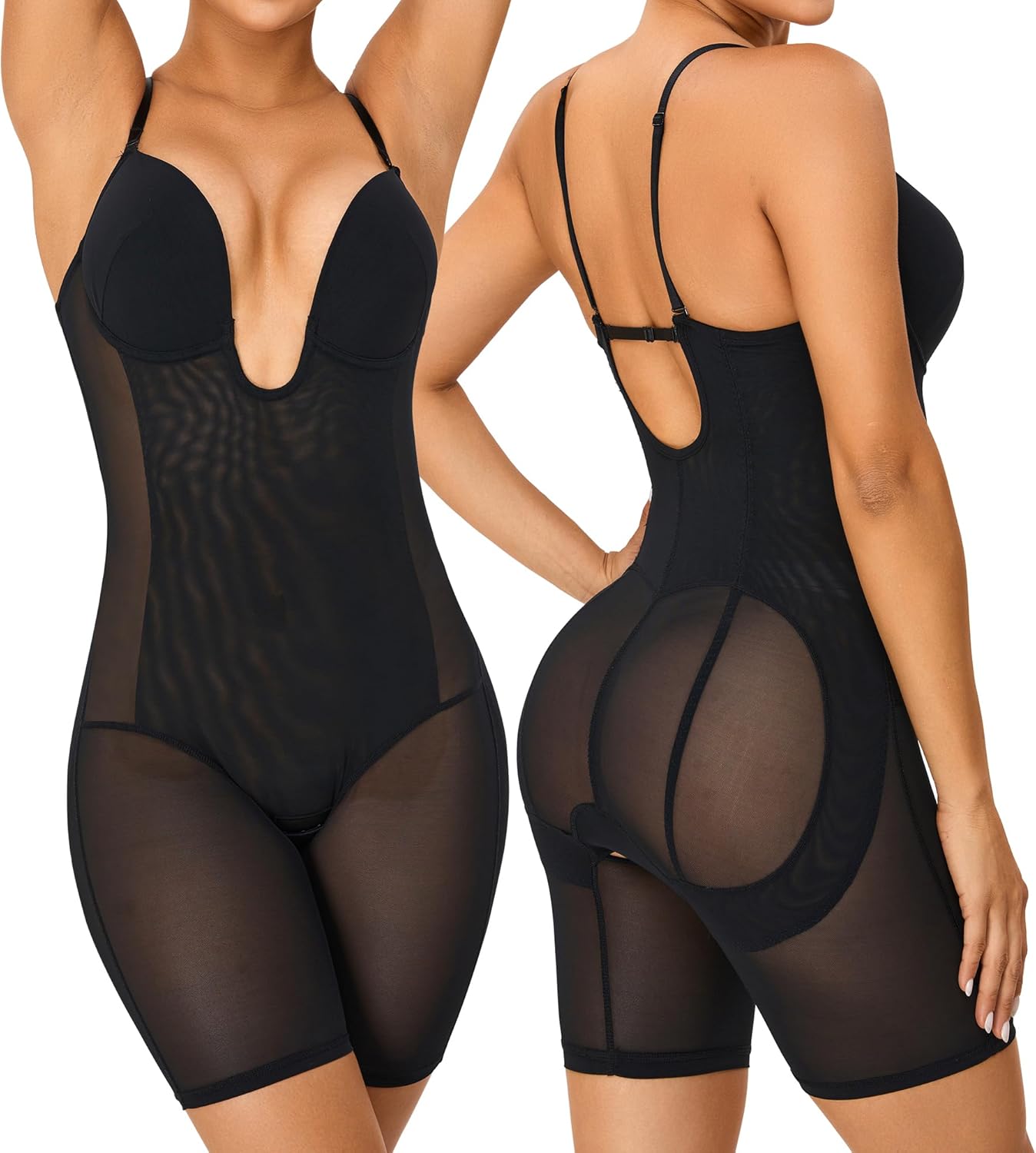 Backless Deep U Plunge Bodysuit for Women Tummy Control Full Body Shapewear Strapless Mid Thigh Body Shaper