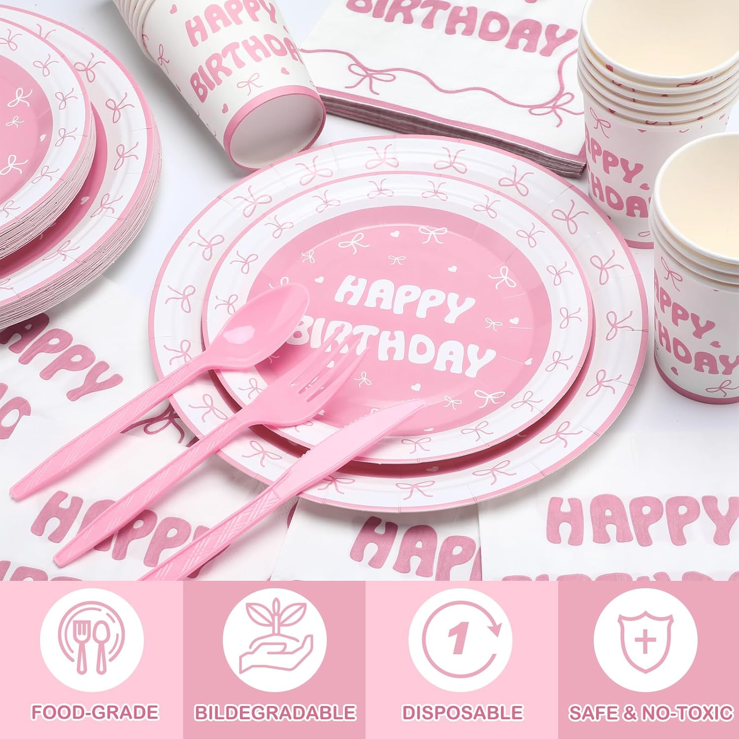 168 Pcs Bow Party Favors Coquette Birthday Decorations Wedding Spring Pink Bow Birthday Supplies Includes Pink Napkins Plates Forks and Theme Tableware Party Supplies Decor