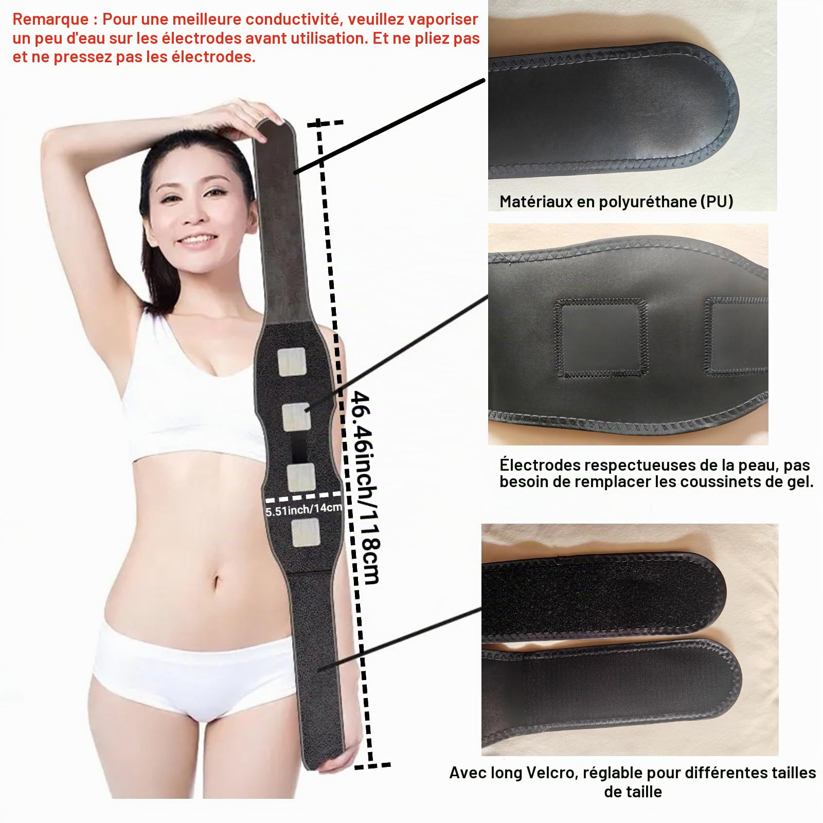 Ceinture d'électrostimulation musculaire EMS pour abdominaux et ceinture abdominale | 6 modes, 18 niveaux d'intensité, ceinture abdominale réglable de 118 cm | Appareil de fitness rechargeable par USB