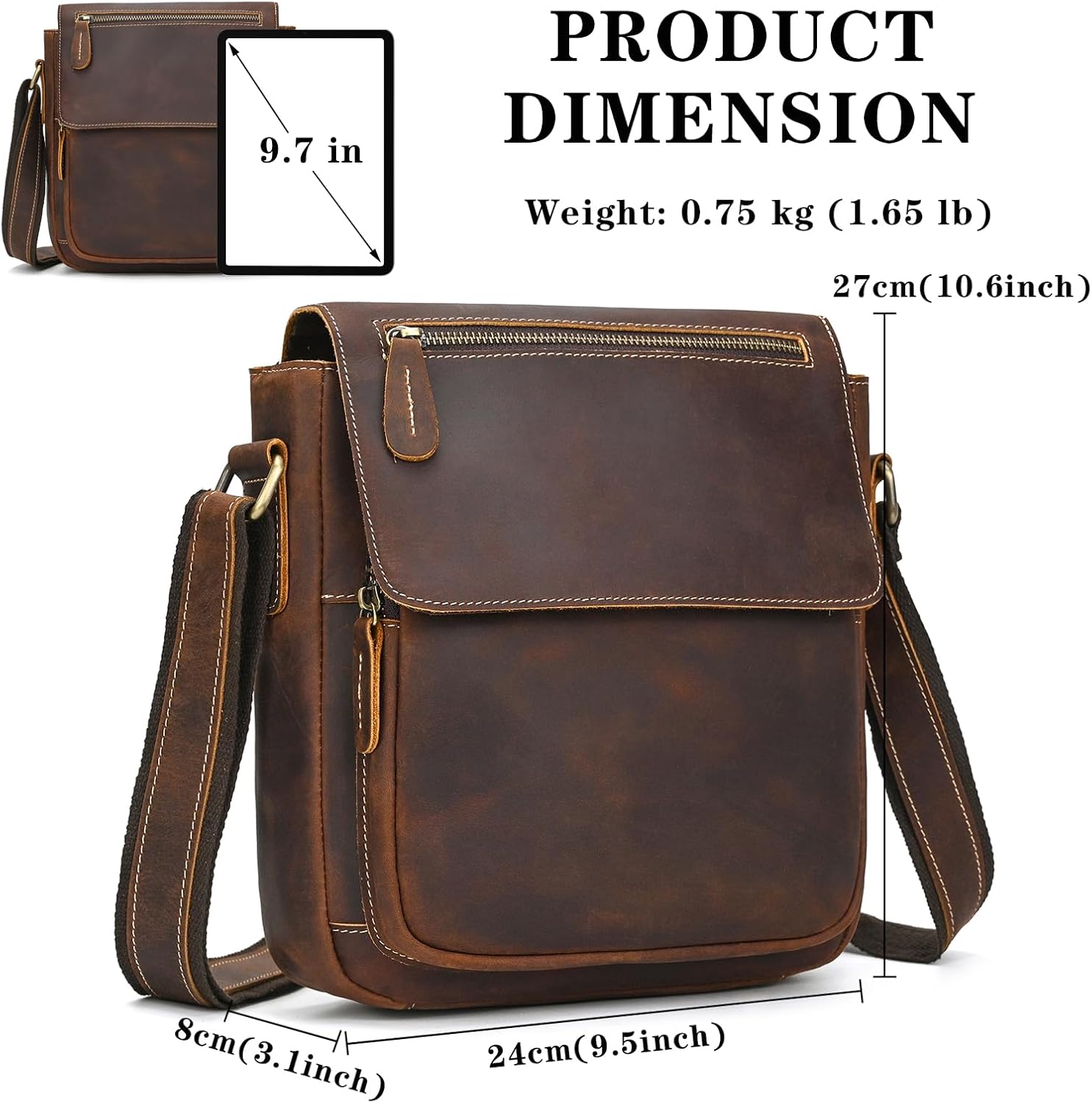Men's Crossbody Bag Leather Small Messenger Shoulder Purse Side Satchel for Work Business Travel Casual