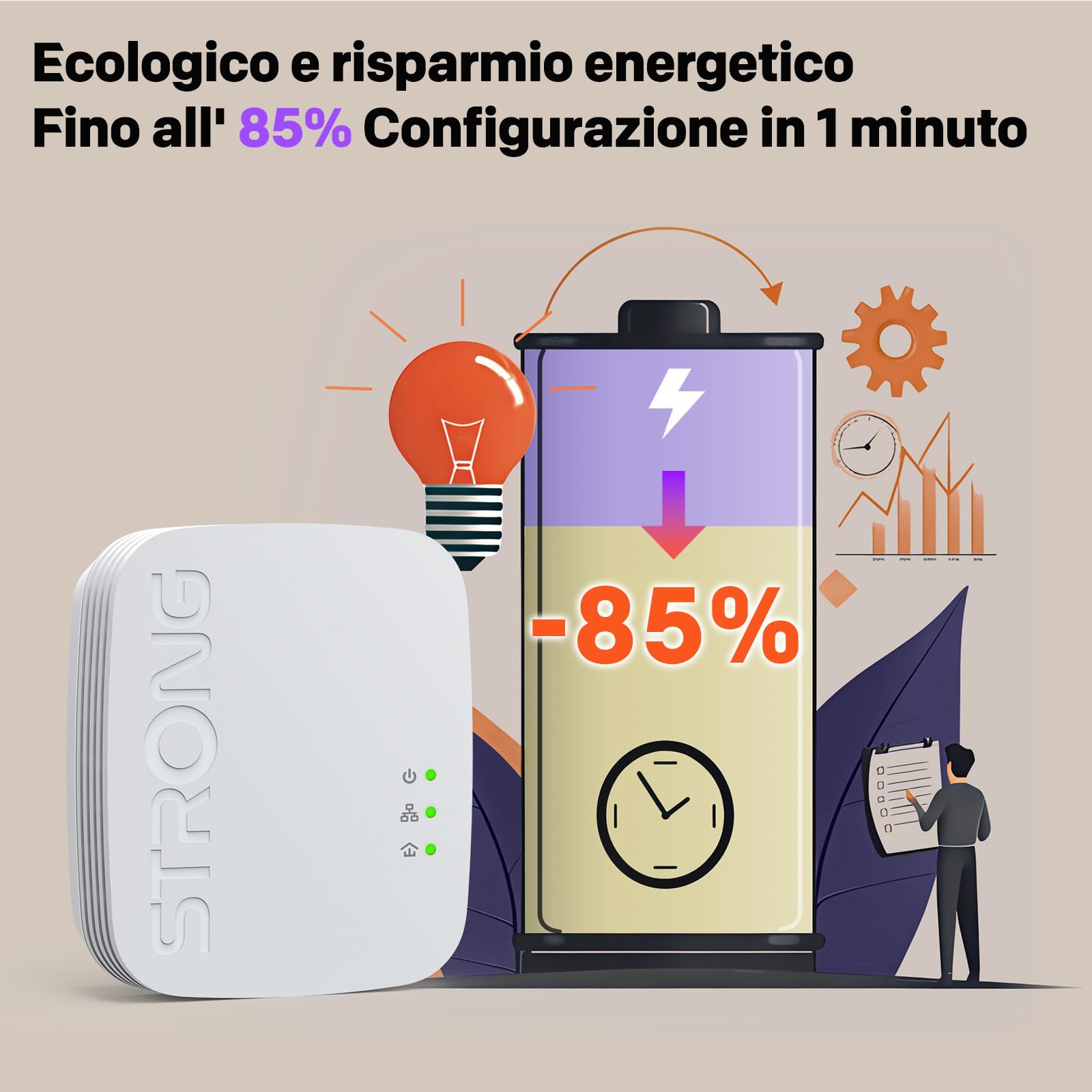 STRONG AV1000Mbps Kit Powerline, Ripetitore Powerline Ethernet HomePlug AV2, Plug & Play con Tasto Pair, Porte Gigabit, Modalità Risparmio Energetico, Design Compatto