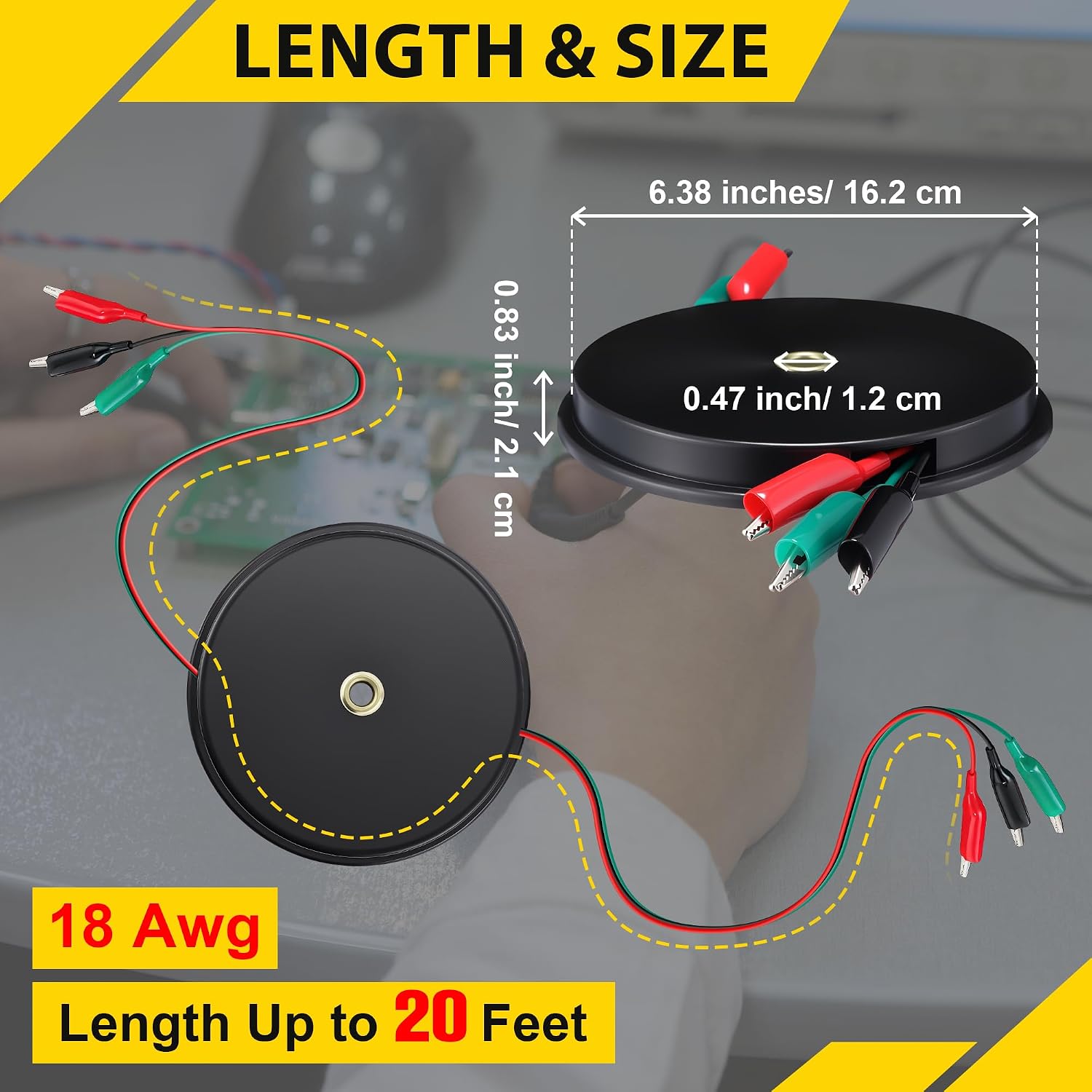 20ft Retractable 3 Wire Test Lead with Red/Black/Green Alligator Clips, 18awg Electrical Test Lead for Circuit Connection, Low Voltage Circuit & Automotive Troubleshooting