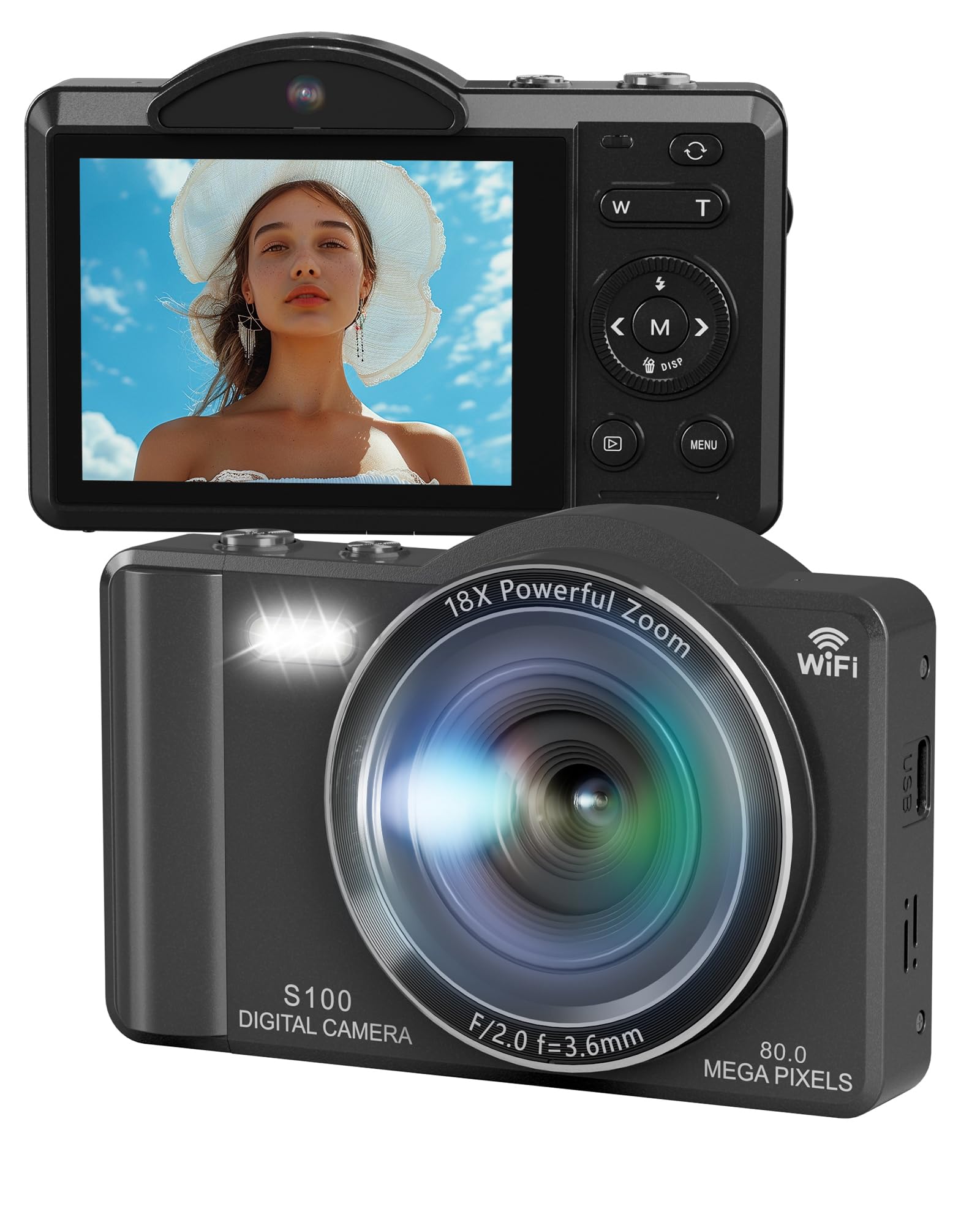 5K 80MP Cámara Digital Camara de Fotos para Vlogs con Wi-Fi, Cámara Compacta con Pantalla LCD de 2.8", Autofoco, Zoomdigital 18X, Tarjeta 64GB Incluida, Selfies Cámara para Principiantes Adolescentes