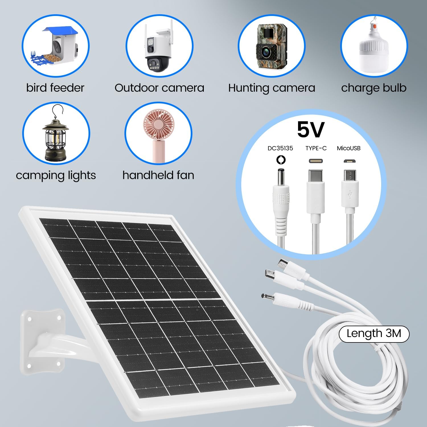 Solar Panel Built-in Battery 12000mAh with Micro USB & Type-C & Port and DC35135 Port for Camera or DC 5V Device with 10ft Charging Cable IP66 Waterproof Rechargeable
