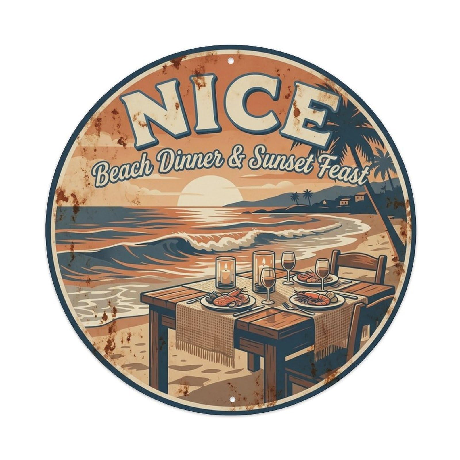 Olhnbad Style Coastal Route Nice Beach Dinner Sunset Feast Travel Metal Tin Sign