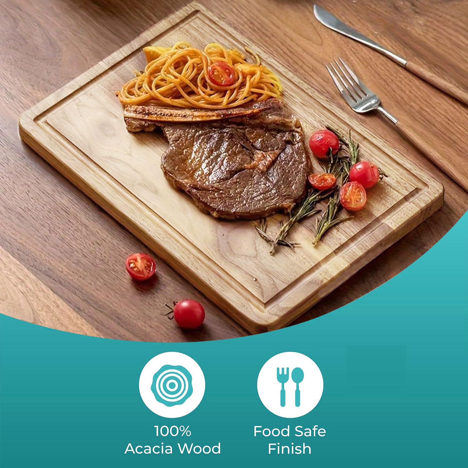 Set di taglieri in legno di acacia, reversibili, con scanalatura per succo, per carne, frutta, verdura e formaggio, durevoli ed ecologici (6)
