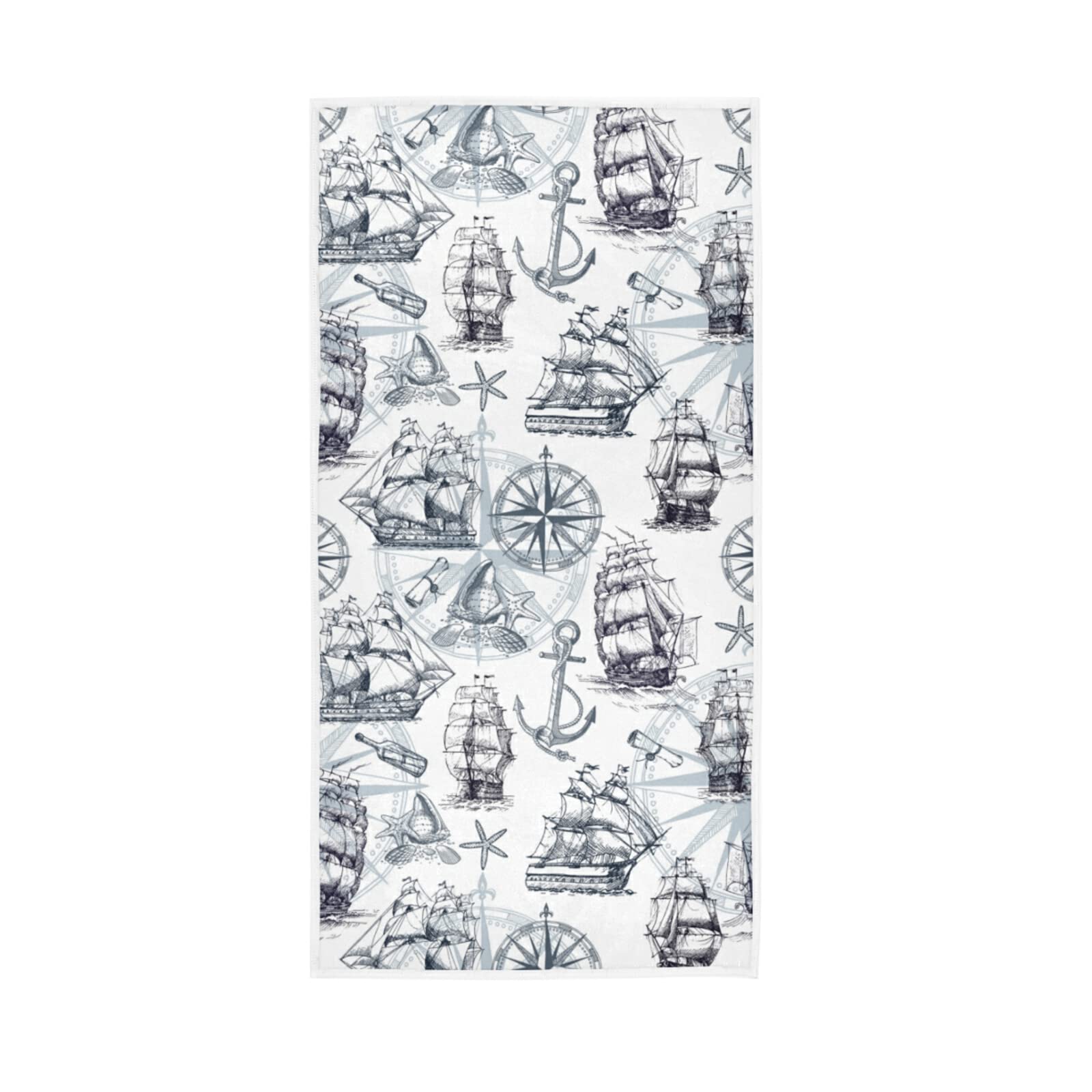HUYGD Marine Sailboats, Compass, Anchor, Sea Shells in Retro Style Soft Hand Bath Towel 30" x 15" Thin Fast Drying Absorbent Soft Towels for Kitchen Gym Spa Hotel Beach