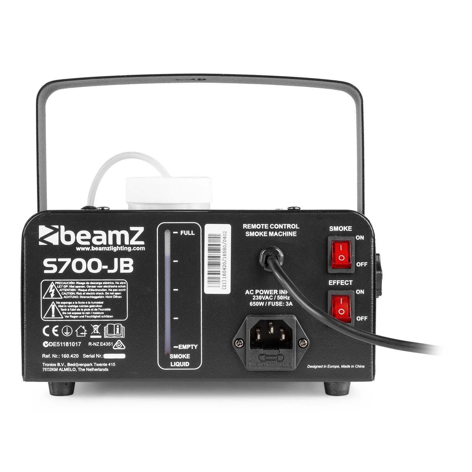 Beamz S-700-JB - Máquina de humo de 700W con efecto de iluminación Jelly Ball RGB, mando a distancia con cable e inalámbrico, deposito de 0,4L (incluye liquido humo) 3 leds de 3W RGB