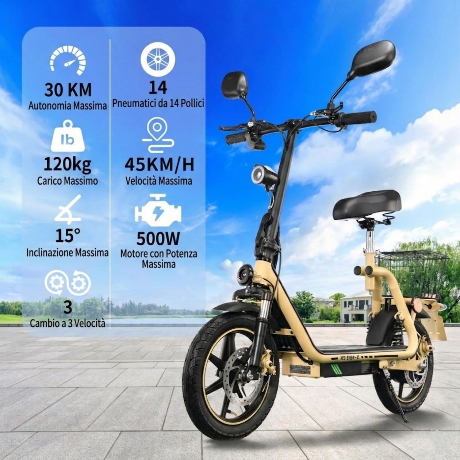 M5ELITE-E Monopattino Elettrico Pieghevole, 48V 13 Ah, 30Km di Autonomia | Limite Velocità Sbloccabile,Display,Pneumatici 14",Sedile, Bauletto,Specchietti Retrovisori,Doppia Sospensione&Freno Disco
