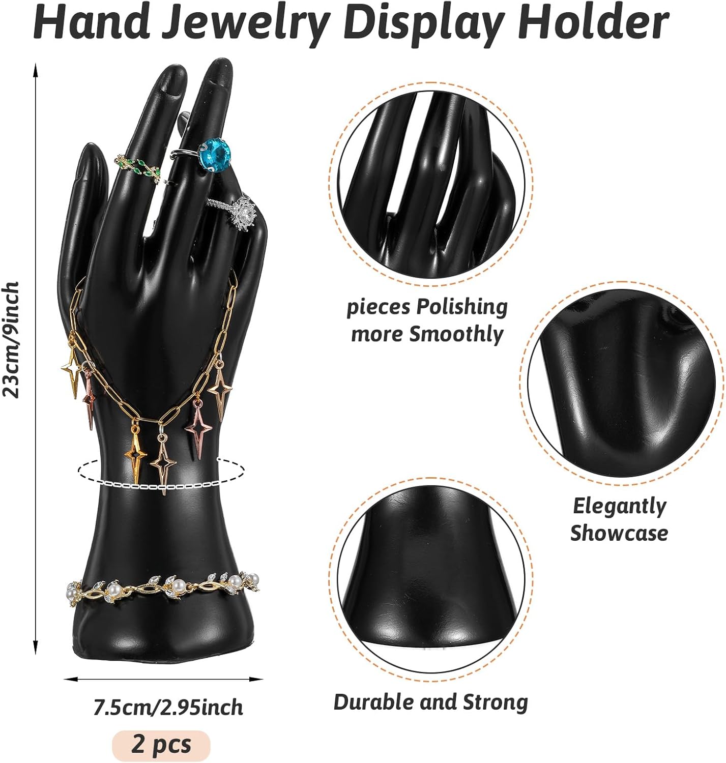 3 Pcs PVC Jewelry Display Set Boutique Bust Mannequin with Earring Holes Hand Mannequin for Bracelet Rings Stand Window Show Selling Black