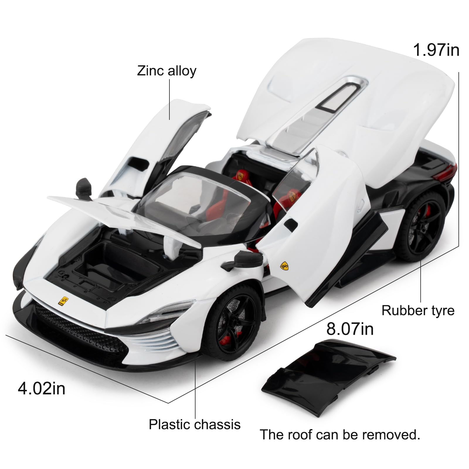 imtfzct 1/22 Ferrari SP3 Alloy Toy Car, Collectible Model Car with Sound and Light Function and Pull Back Function, White - Image 2