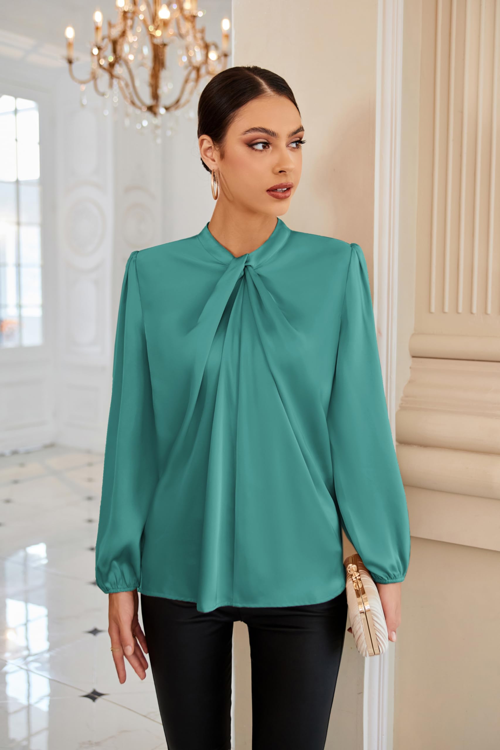 GRACE KARIN Blusa Elegante Donna Maniche Lunghe a Lanterna Tinta Unita con Scollo Rotondo da Ufficio Casual